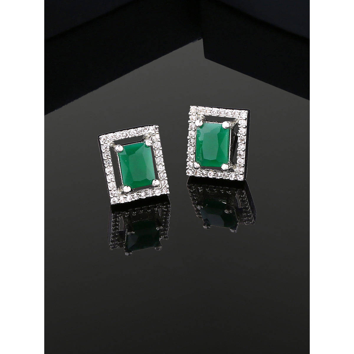 Estele Rhodium Plated CZ Sparkling Designer Stud Earrings with Green Stones for Women