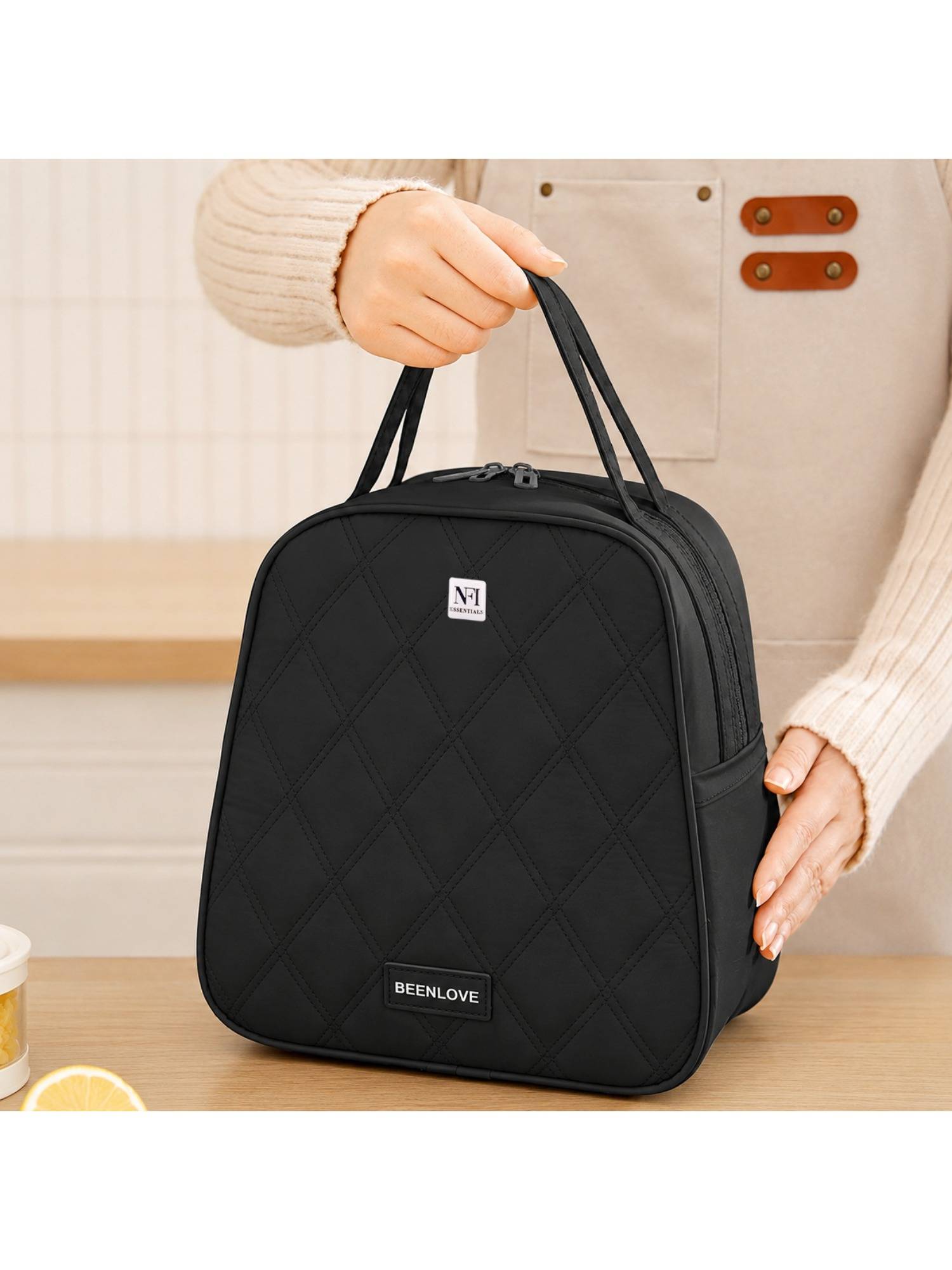 NFI Essentials Insulated Lunch Bag, Quilted Tiffin Carry Bag For Office Black