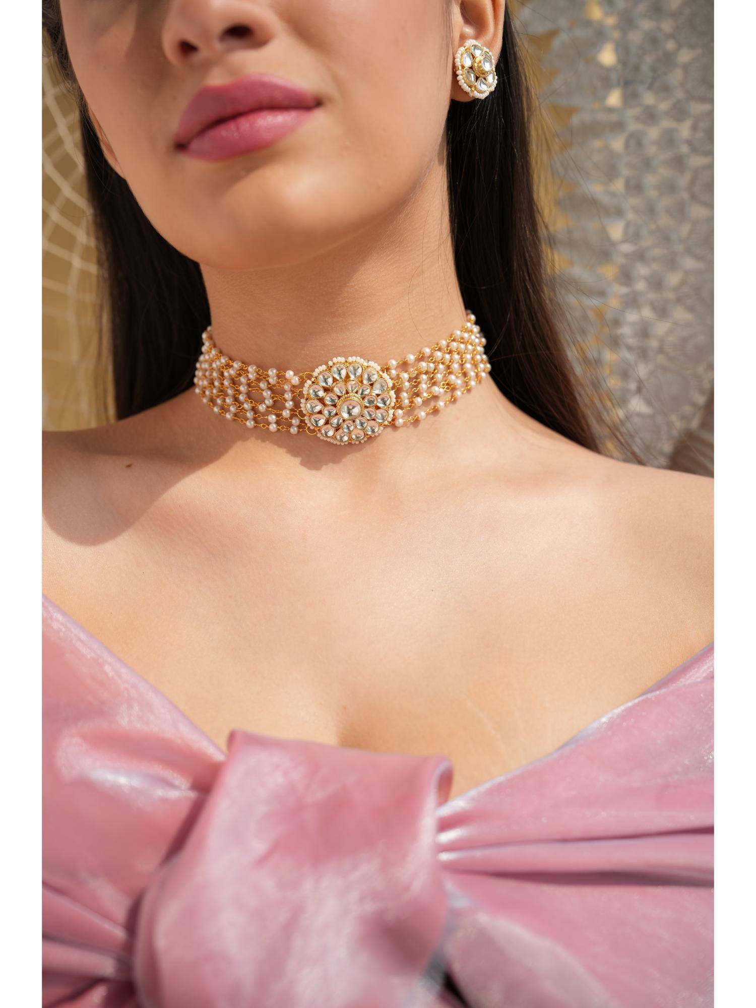 BINNI Talia Multi-Strand Kundan Flower Choker Set