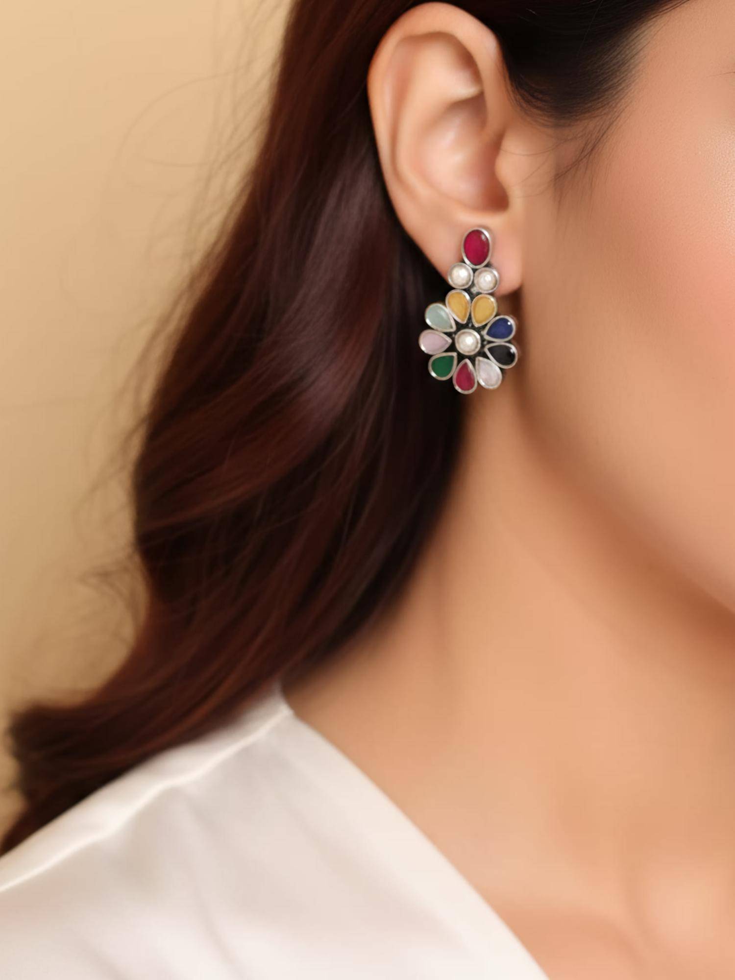 BINNI German Silver Antique Multi Color Flower Earrings