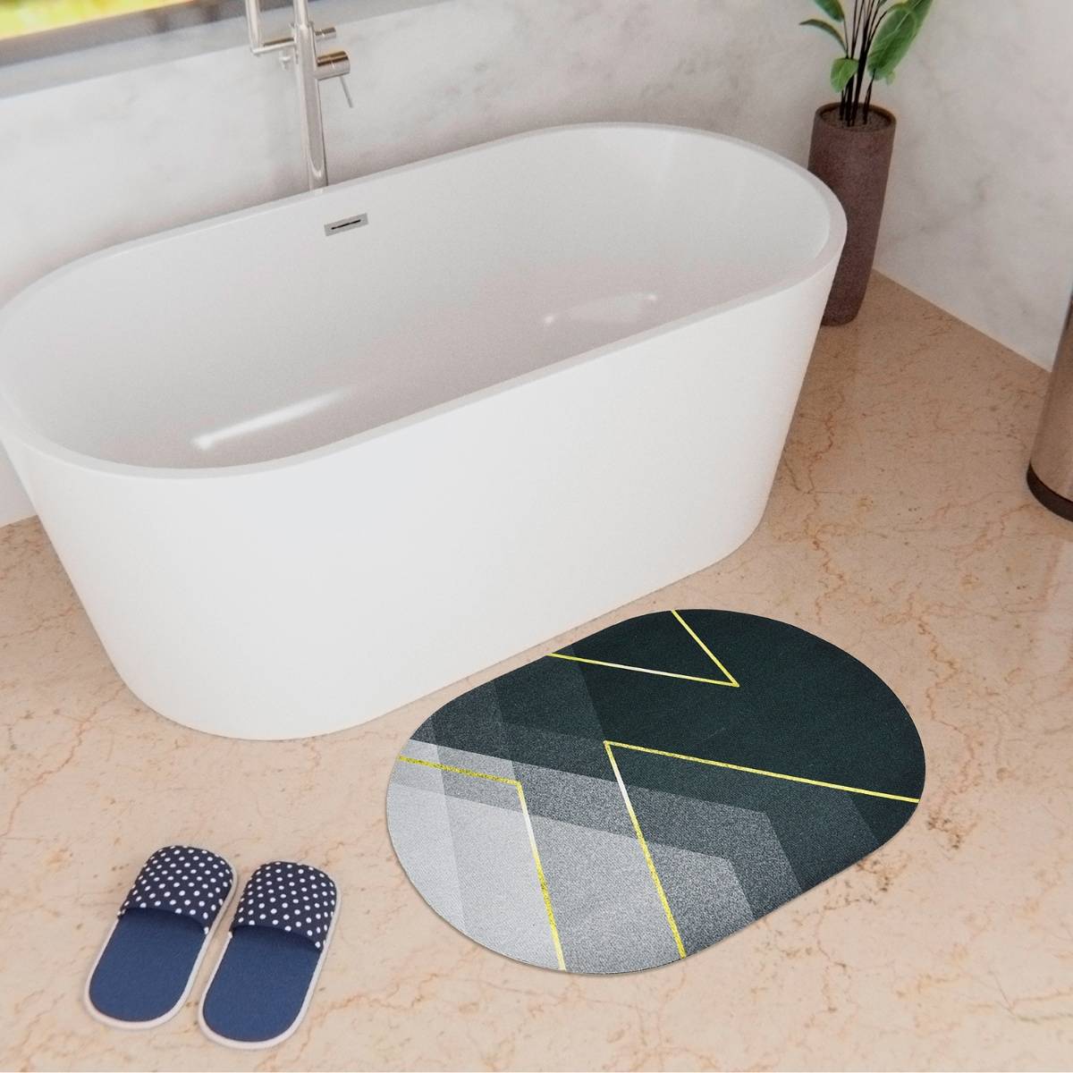 Kuber Industries Oval Bath mat Soft Anti Skid Door Mat Non Woven Floor Mat HY057 Black & Gray