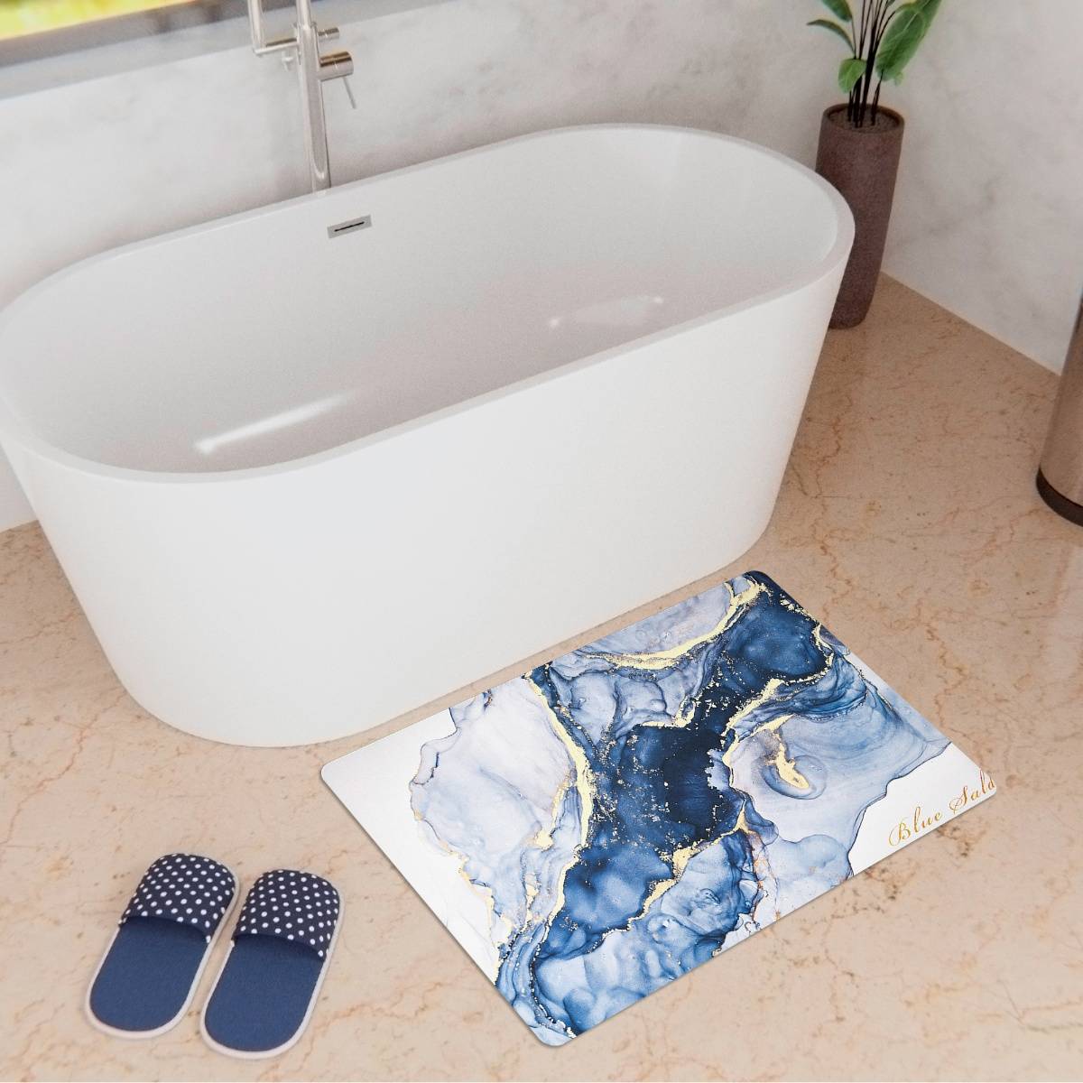 Kuber Industries Bathmat | Diatom Mud Rectangular Mat | Anti Skid Door Mat | Blue & White