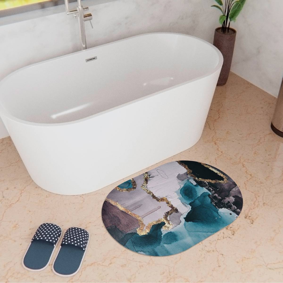 Kuber Industries Diatom Mud Oval Bath mat Anti Skid Door Mat Bath Mat - Gold & Blue