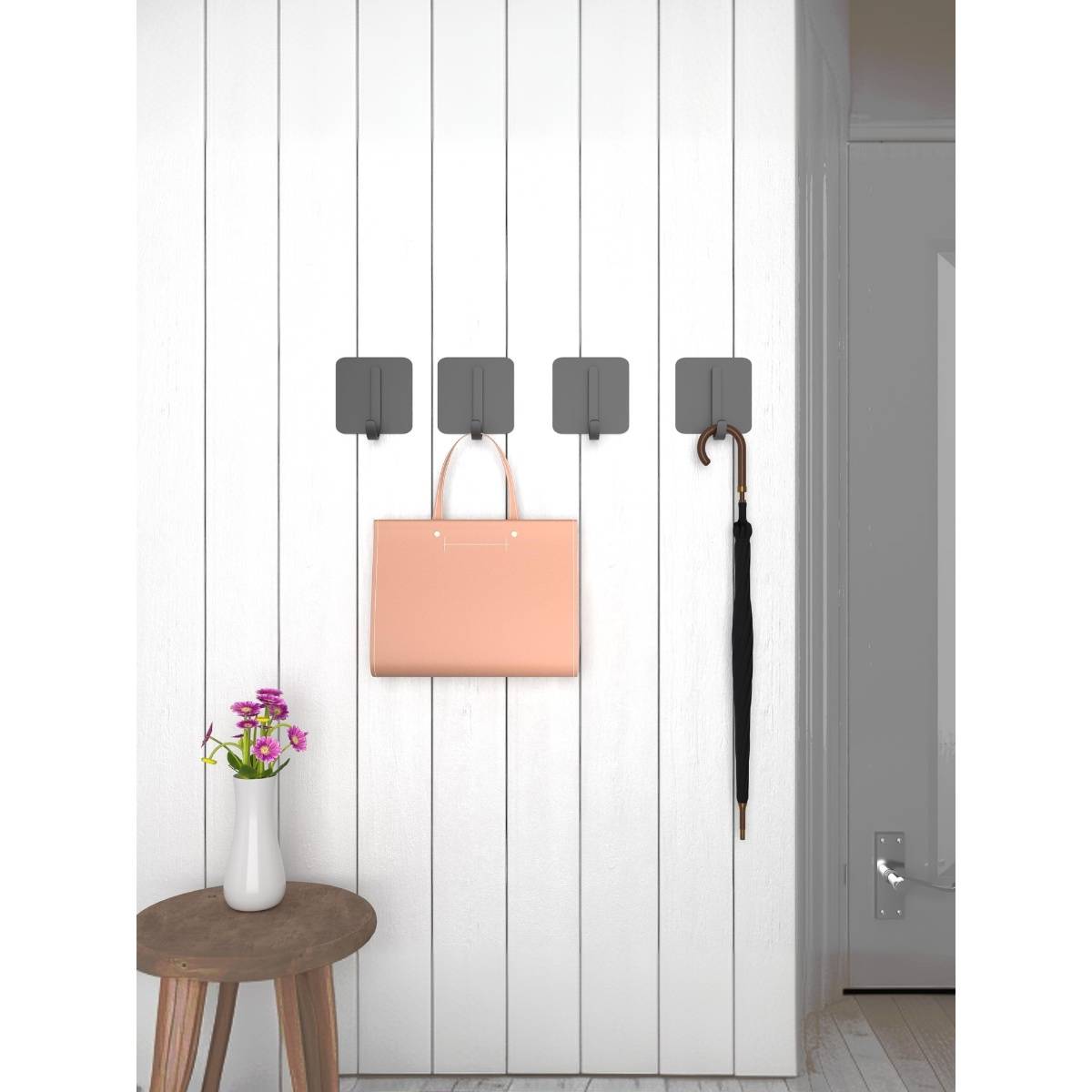 Kuber Industries 4 Pieces Towel Hooks | Self Adhesive Wall Hooks Grey