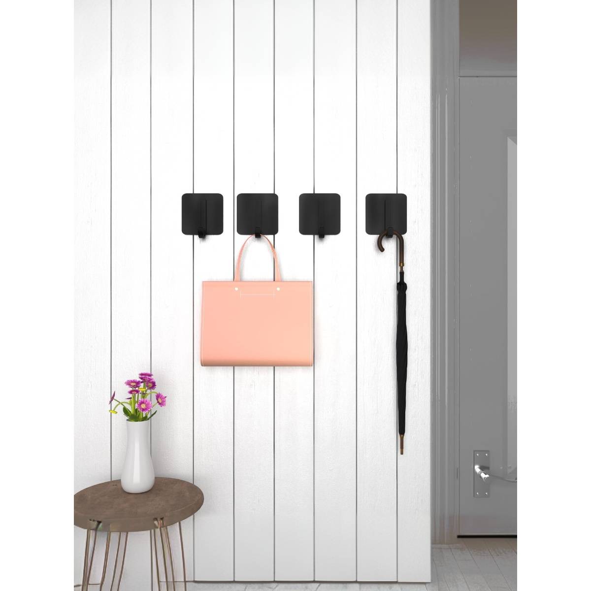 Kuber Industries 4 Pieces Towel Hooks | Self Adhesive Wall Hooks Black