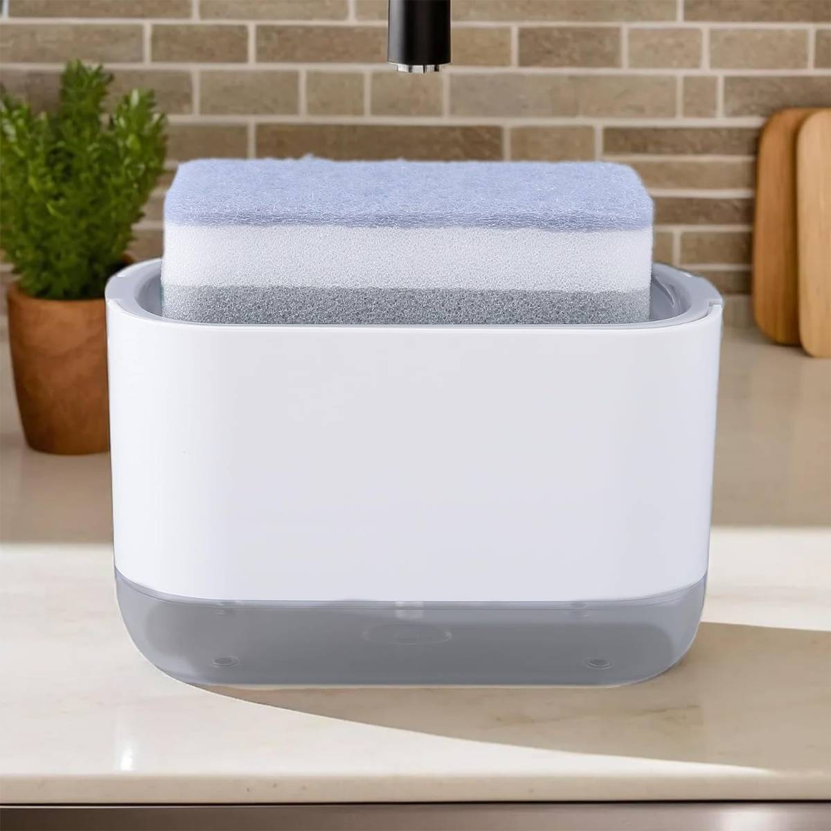 Kuber Industries 2 in 1 Press Soap Dish for Kitchen with Sponger Holder 300 ml Hollow Design |White