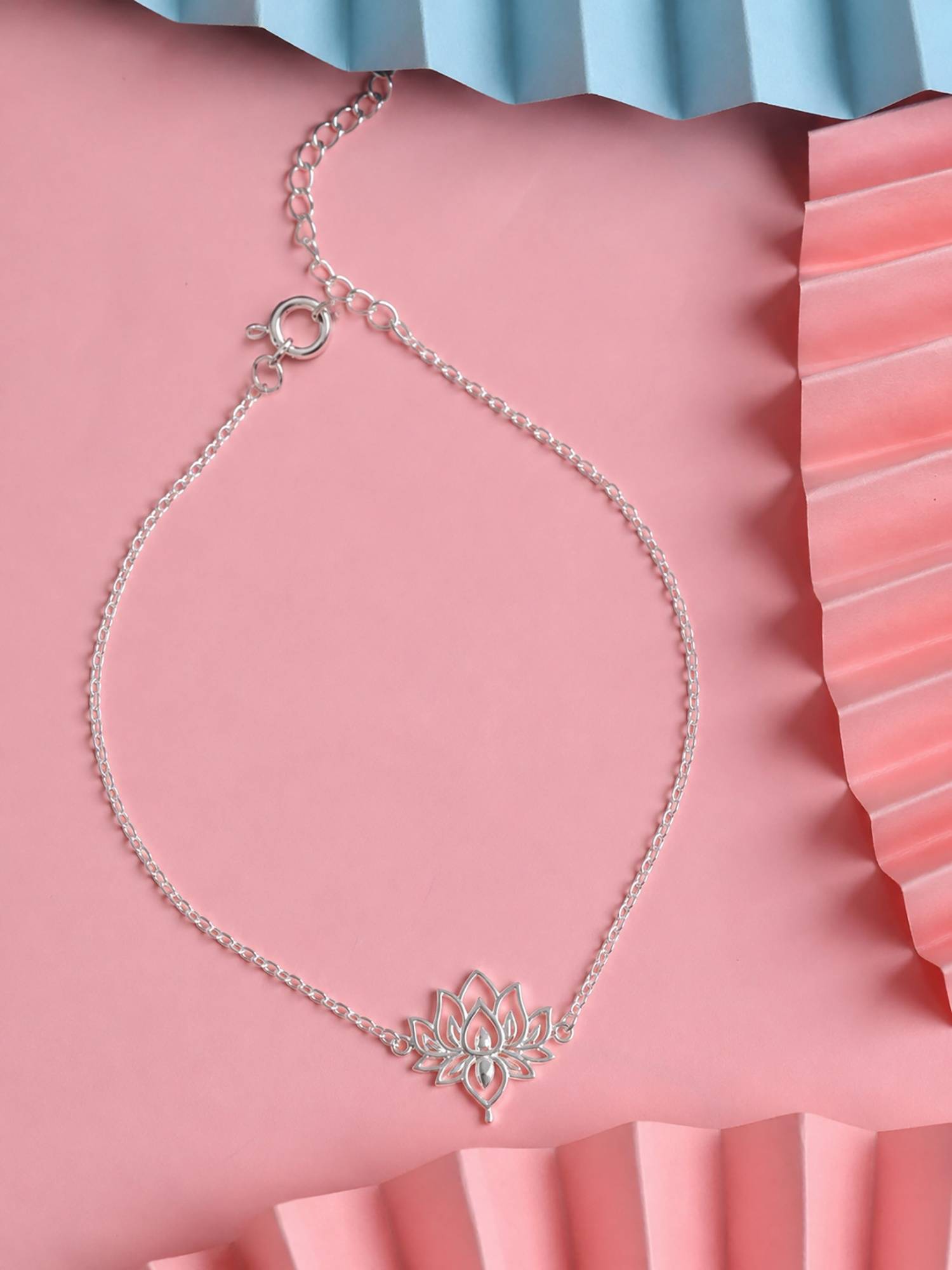 CLARA 925 Sterling Silver Lotus Adjustable Chain Anklet Payal single for Women and Girls