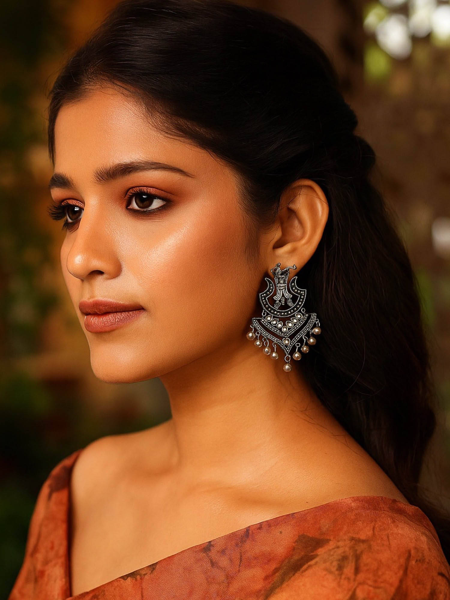 Digital Dress Room Drop Earrings Trumpet Playing Design With Ghungroo