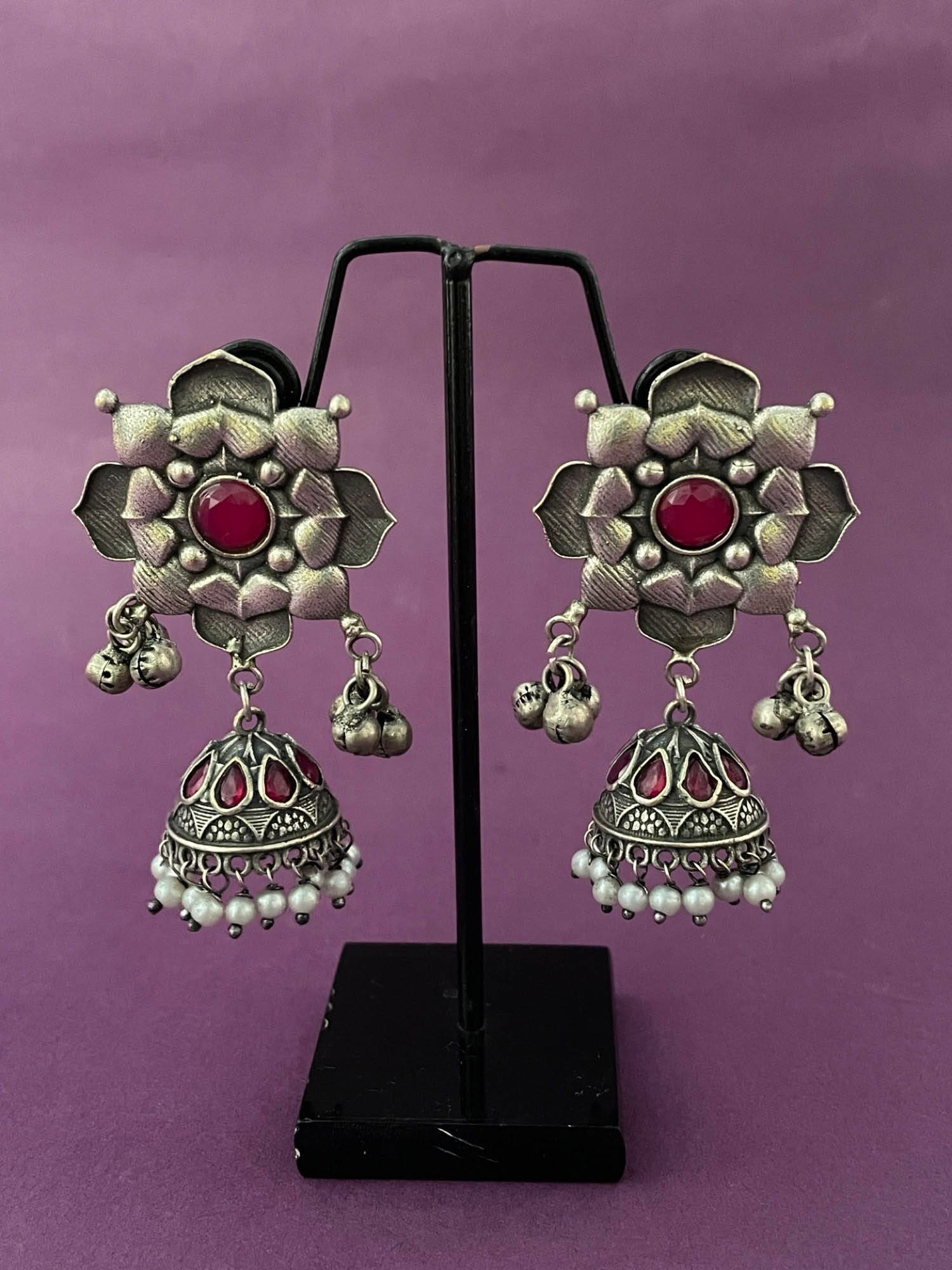 Digital Dress Room Square Red Enamel Pearl Design Jhumka