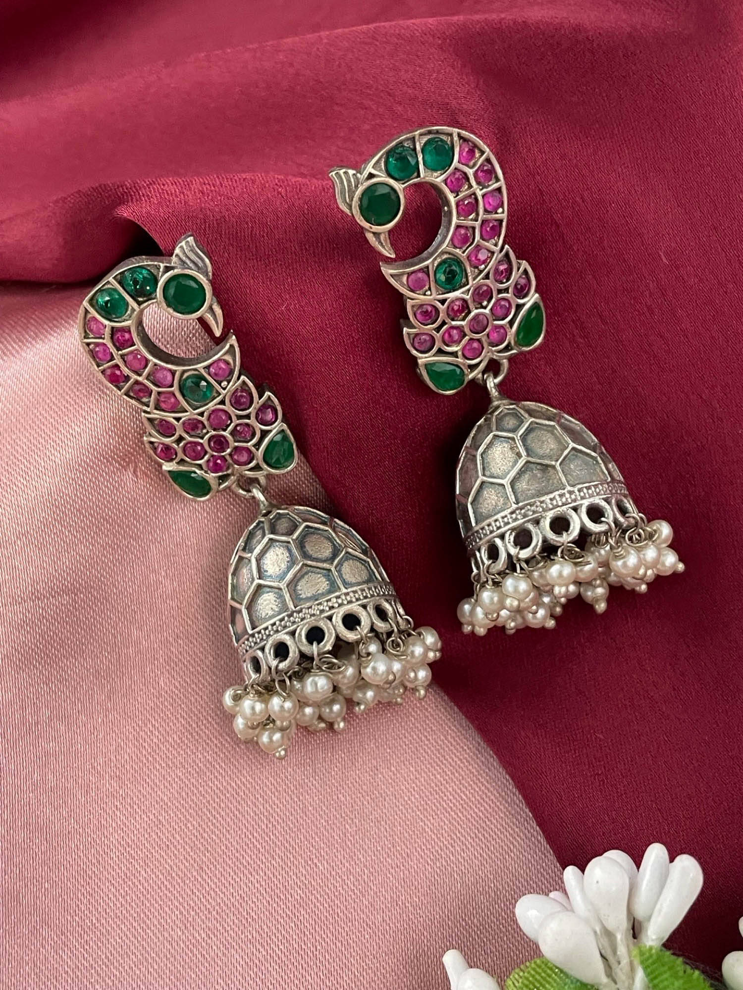 Digital Dress Room Peacock with Pearl Design Jhumkas