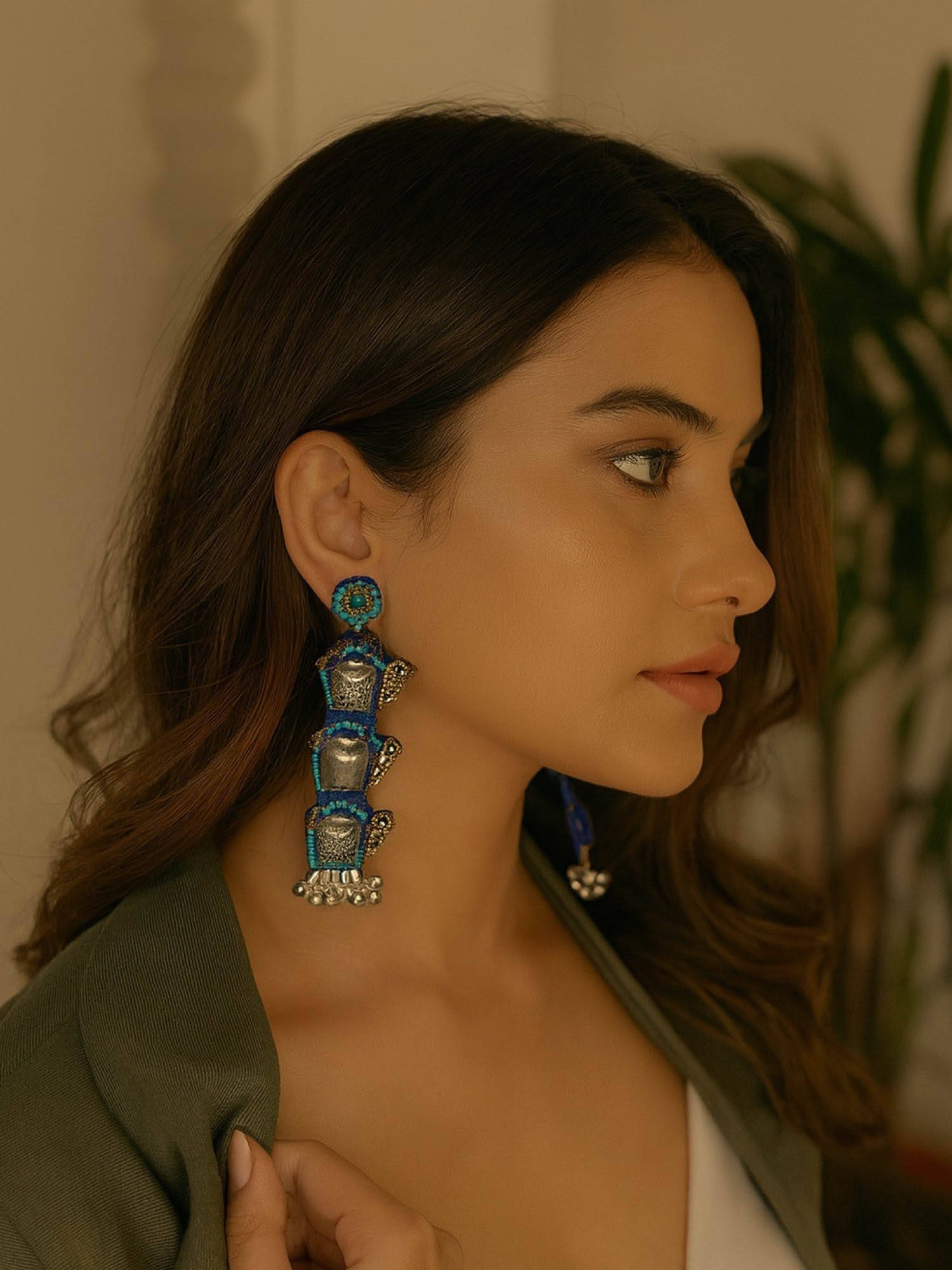 Digital Dress Room Blue Beaded Earrings Tea Kettle Design With Ghungroo