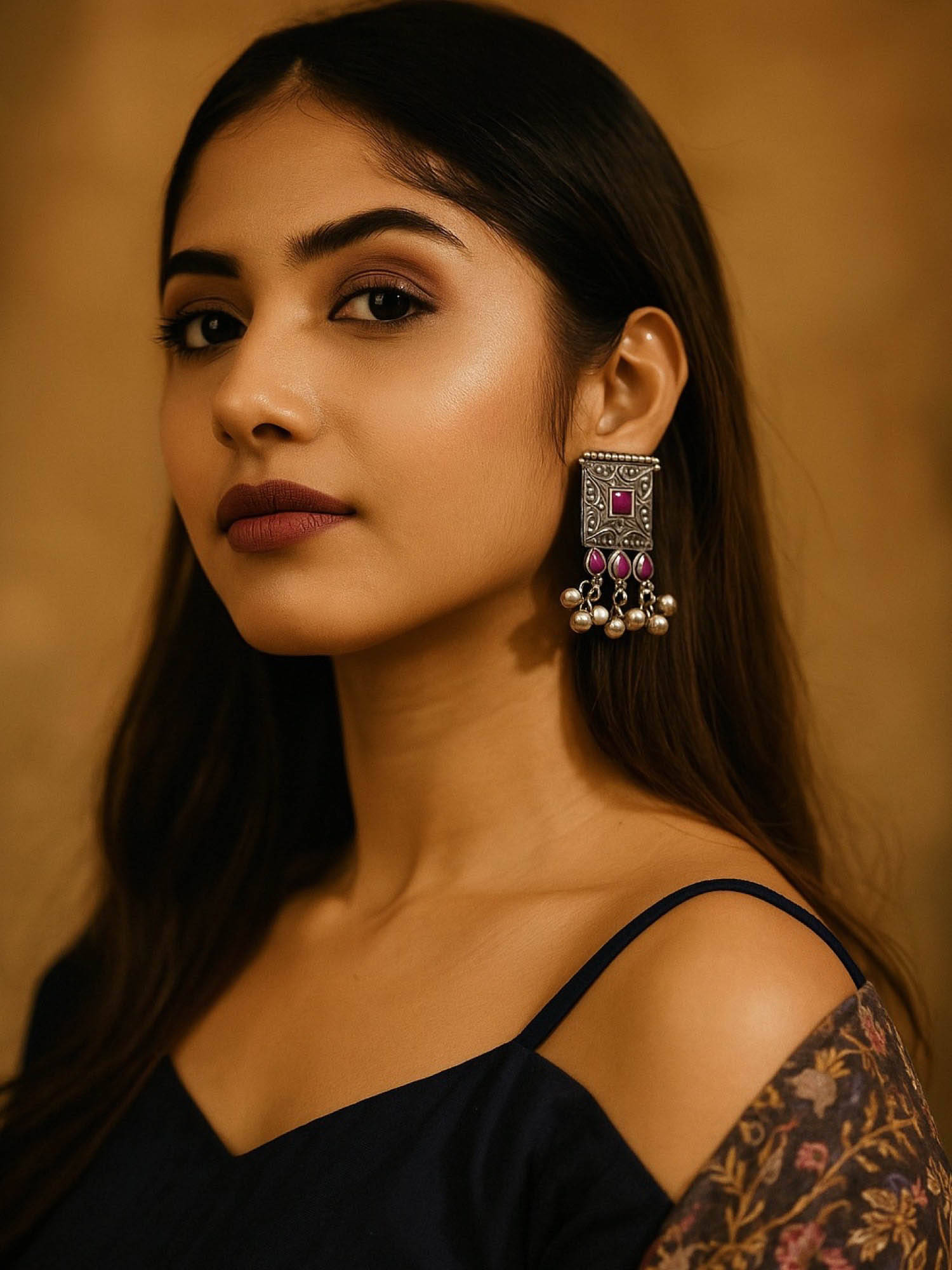Digital Dress Room Magenta Enamel Design With Ghungroo Drop Earrings