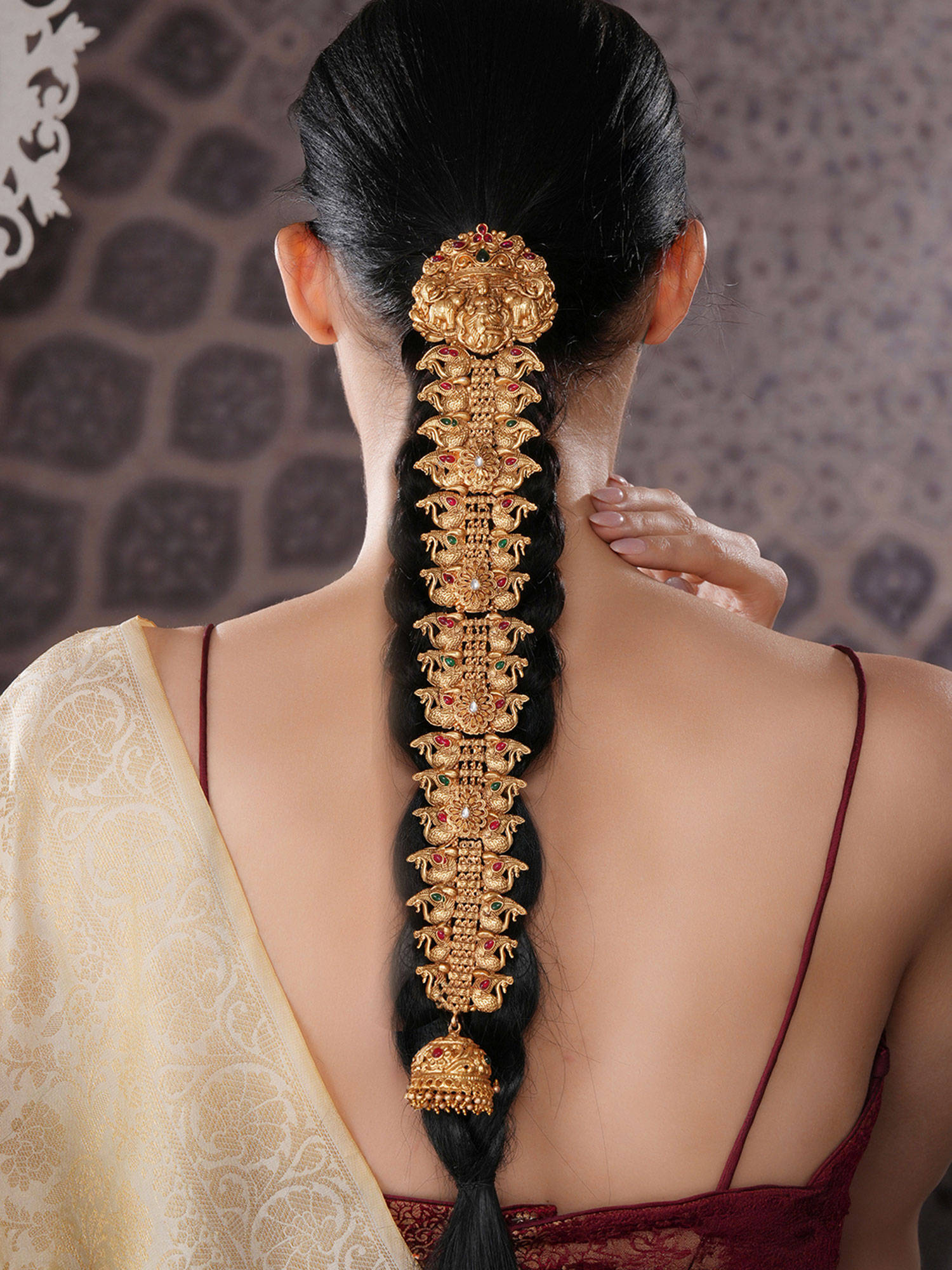 Saraf RS Jewellery Gold Look Nakshi Kempo Studded Lakshmi Ji Peacock Jadai Billa Bridal Hair Chain