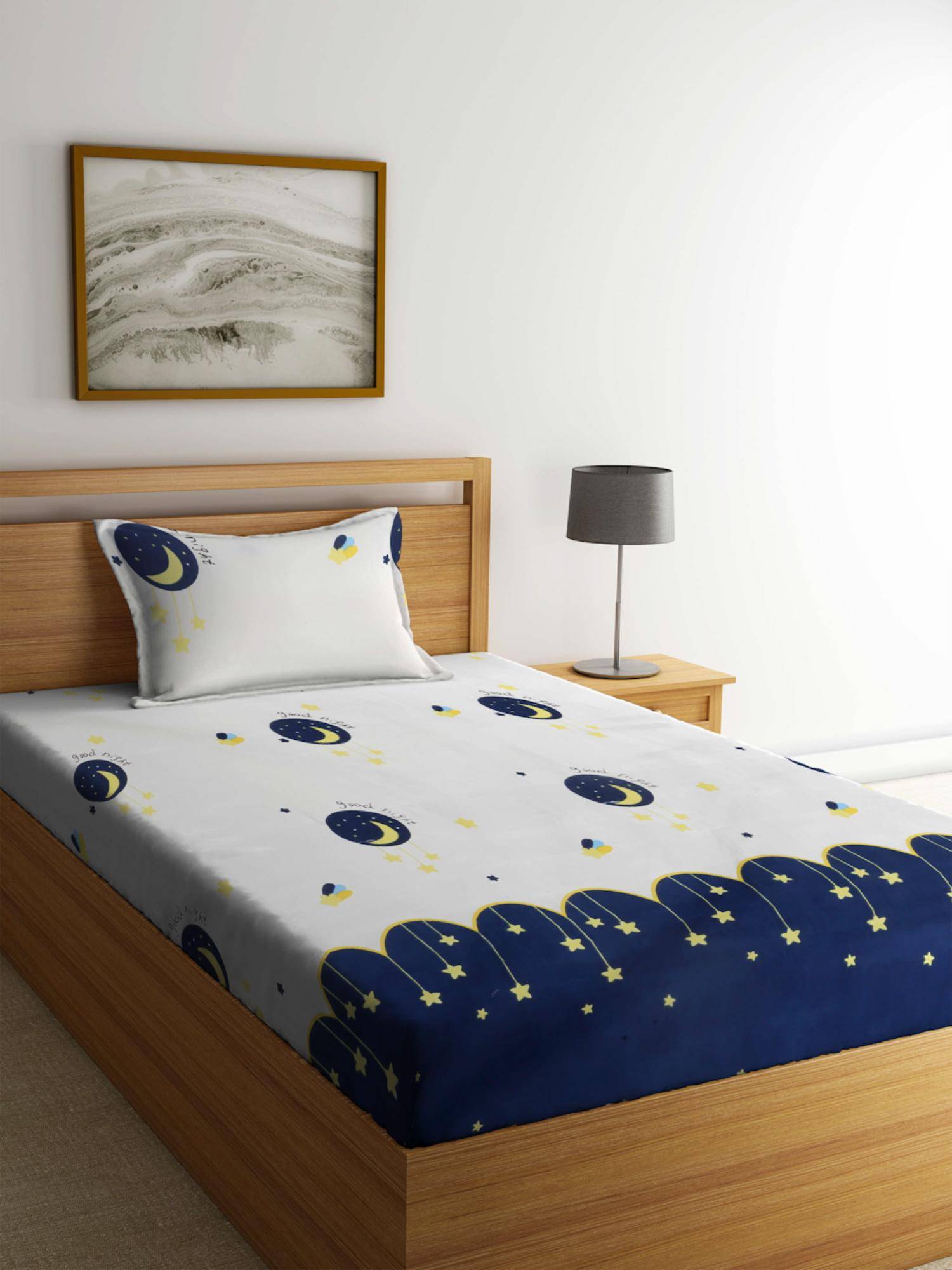 FABINALIV Multi-Color Graphic Cotton Blend Single Bedsheet with Pillow Cover