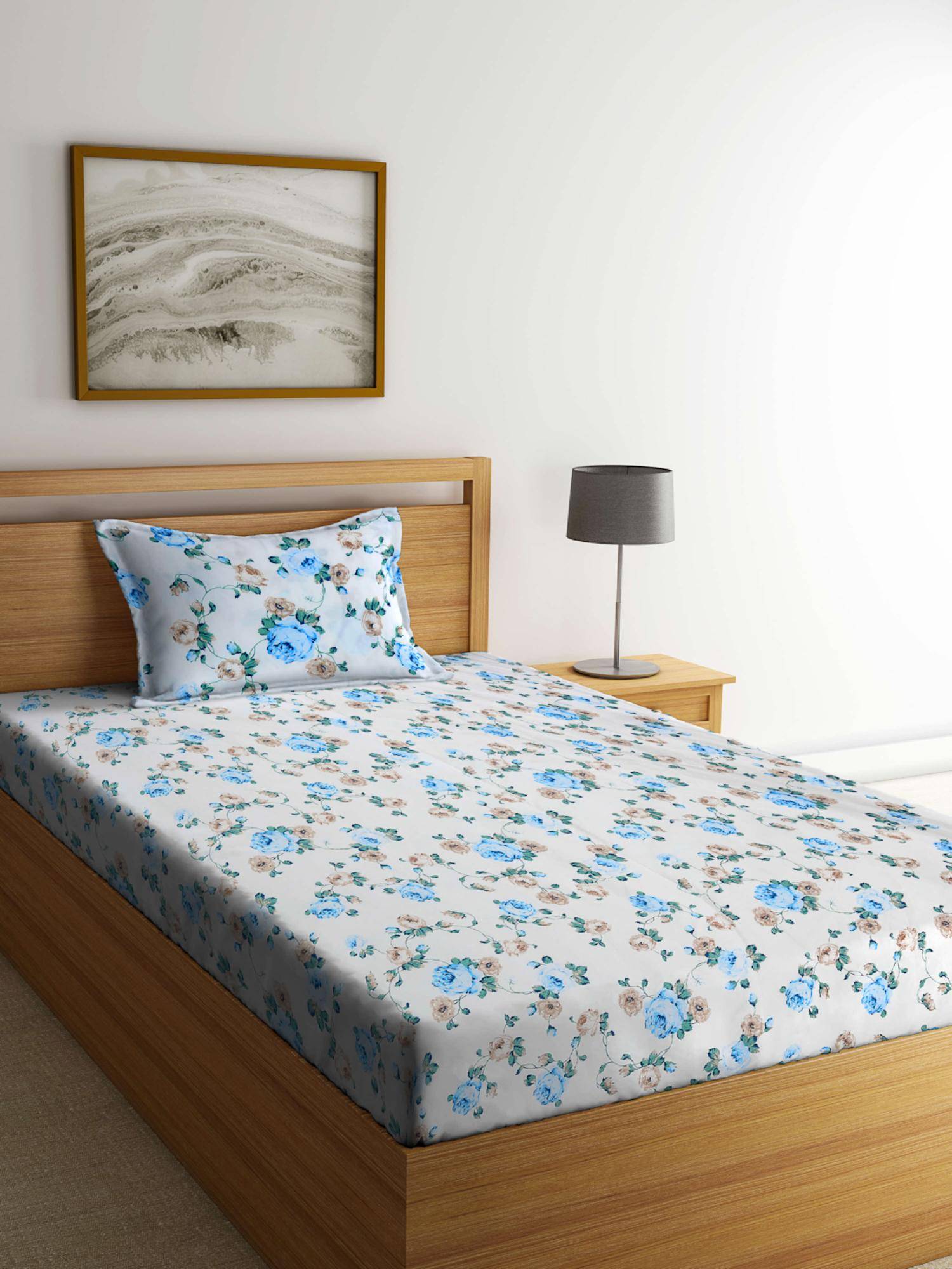 FABINALIV White Floral Cotton Blend Single Bedsheet with Pillow Cover