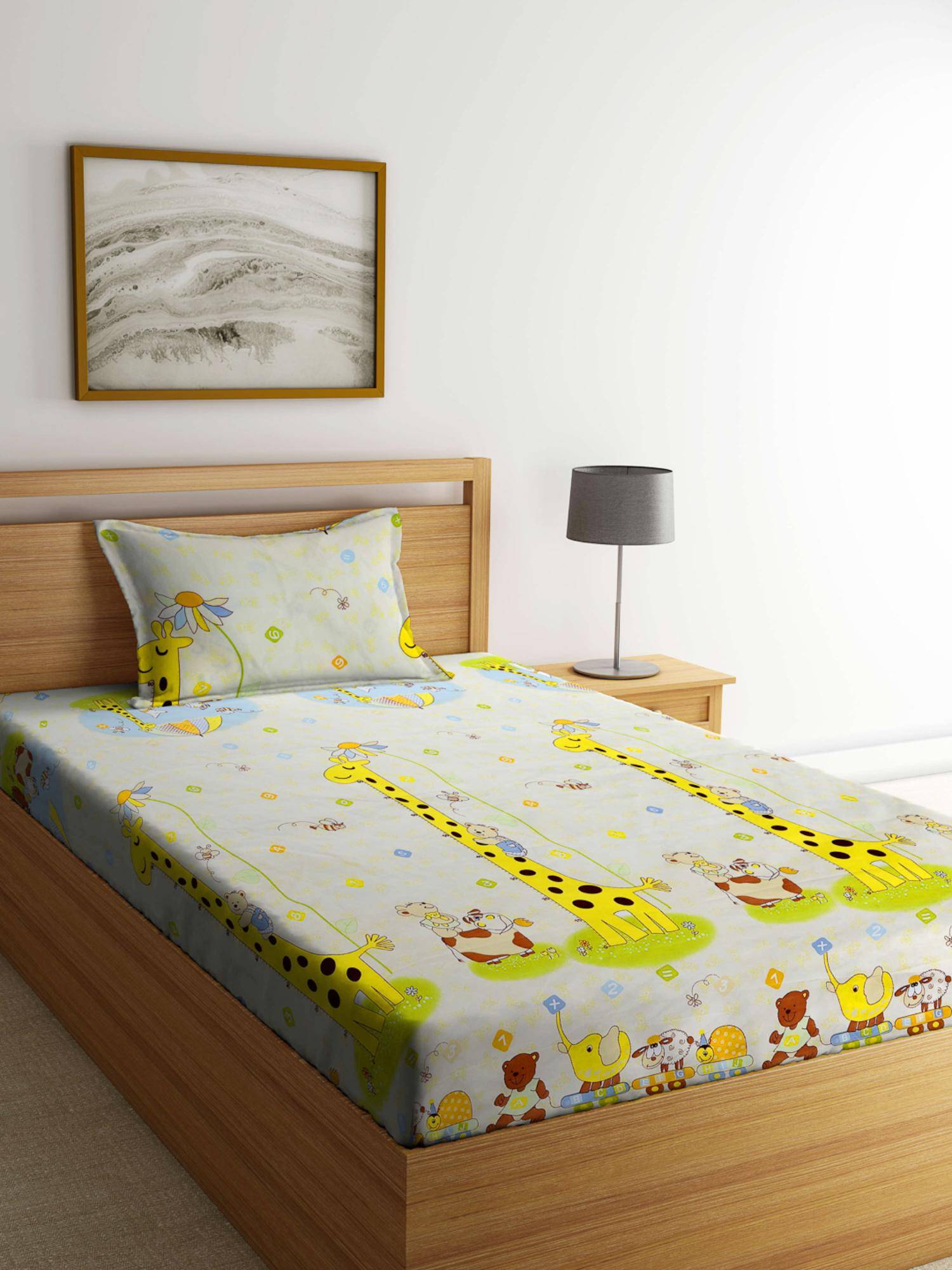 FABINALIV Multi-Color Graphic Cotton Blend Single Bedsheet with Pillow Cover