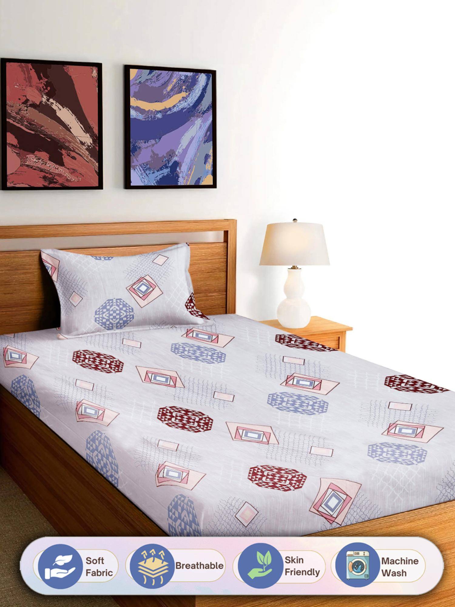 FABINALIV Multi-Color Geometric Cotton Blend Single Bedsheet with Pillow Cover