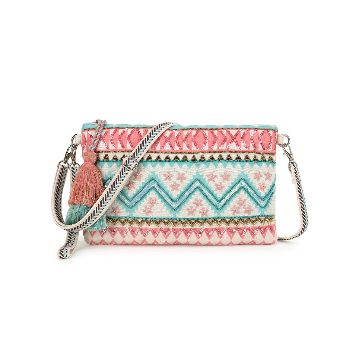Anekaant Ghoomar Pink and Turquoise Acrylic Cotton Canvas Striped Embellished Sling Bag