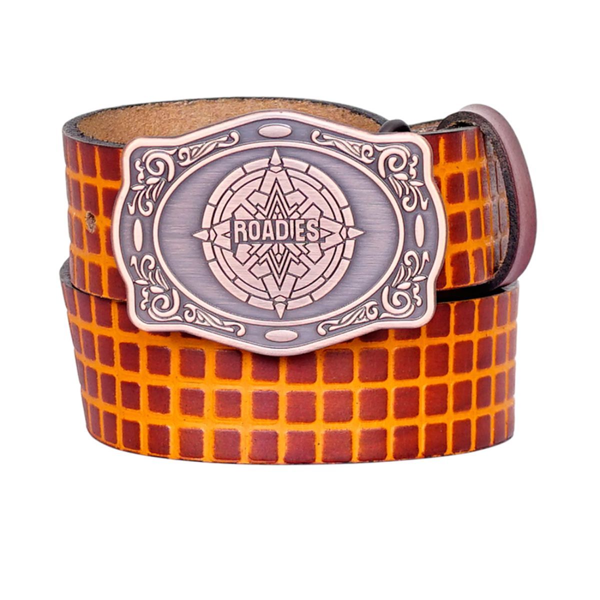 Justanned Roadies By Brown-Yellow Check Men'S Leather Belt (30)