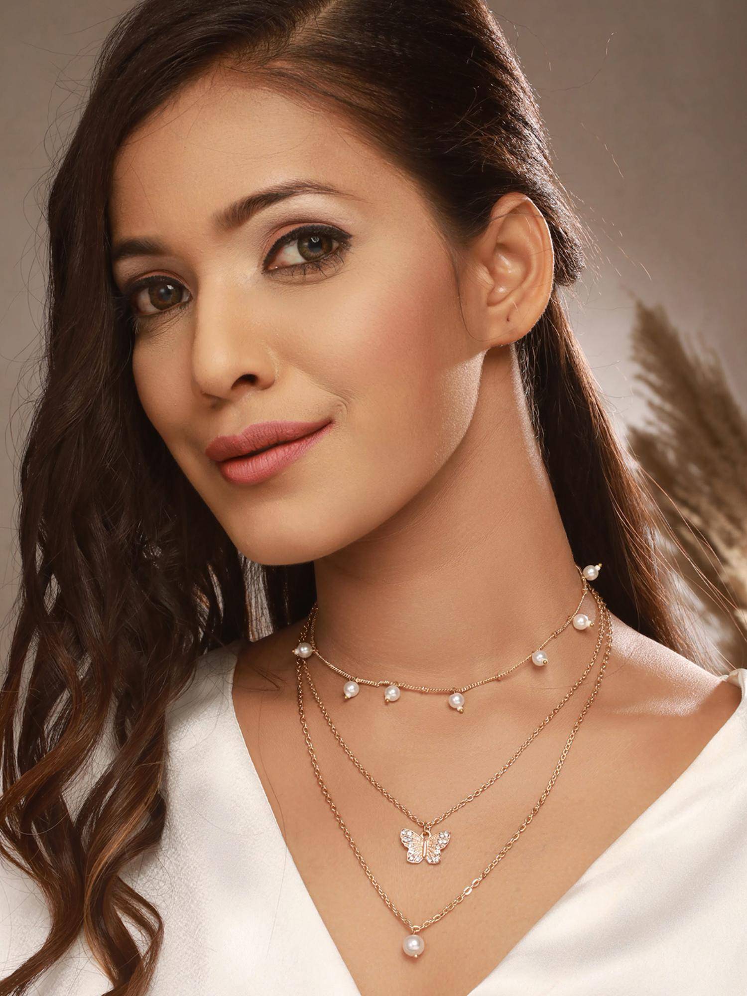 Gahan Gold-Plated Butterfly & Pearl Hanging Layered Necklace