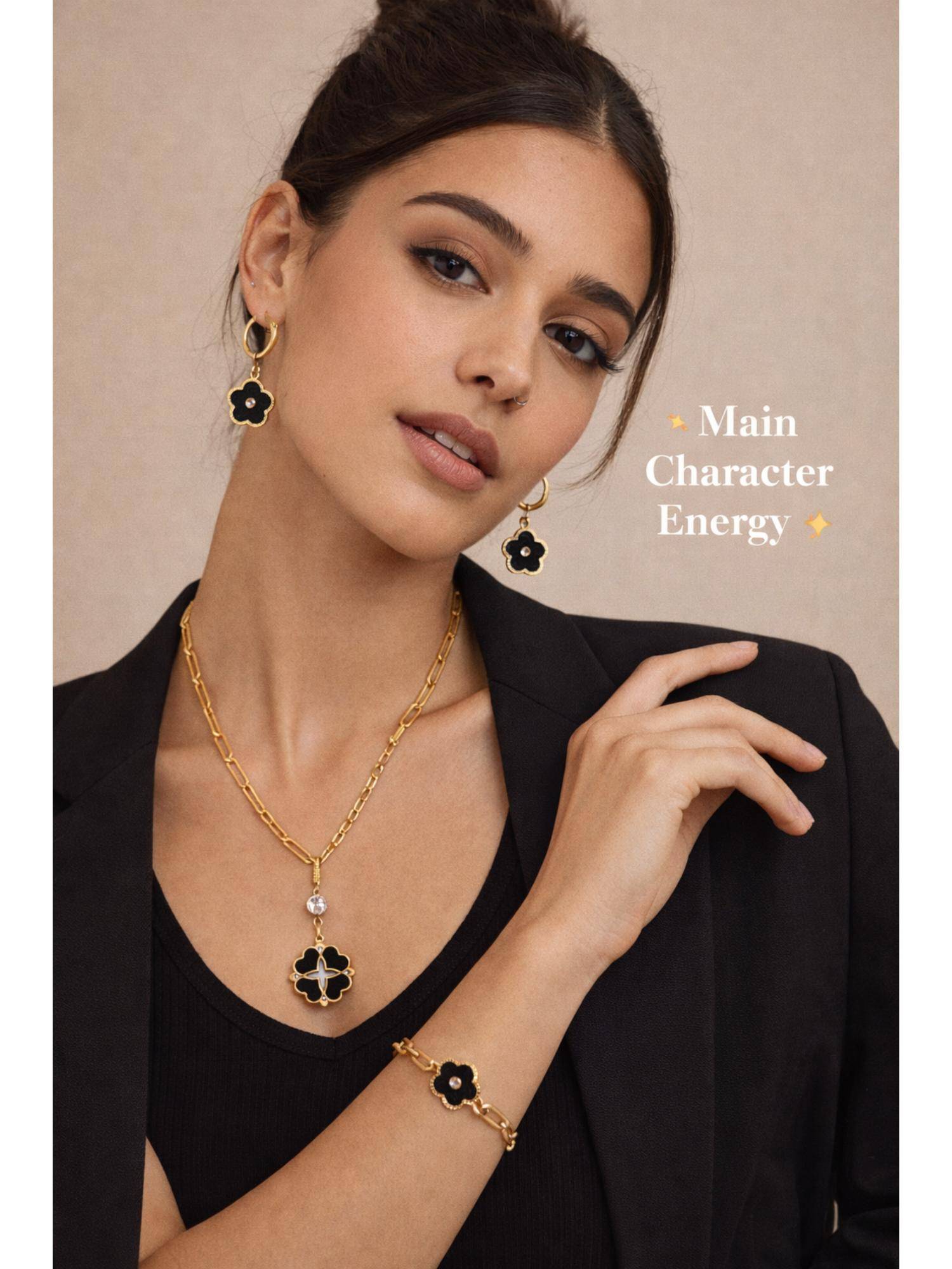 Gahan Elegant Black Clover Jewellery Set