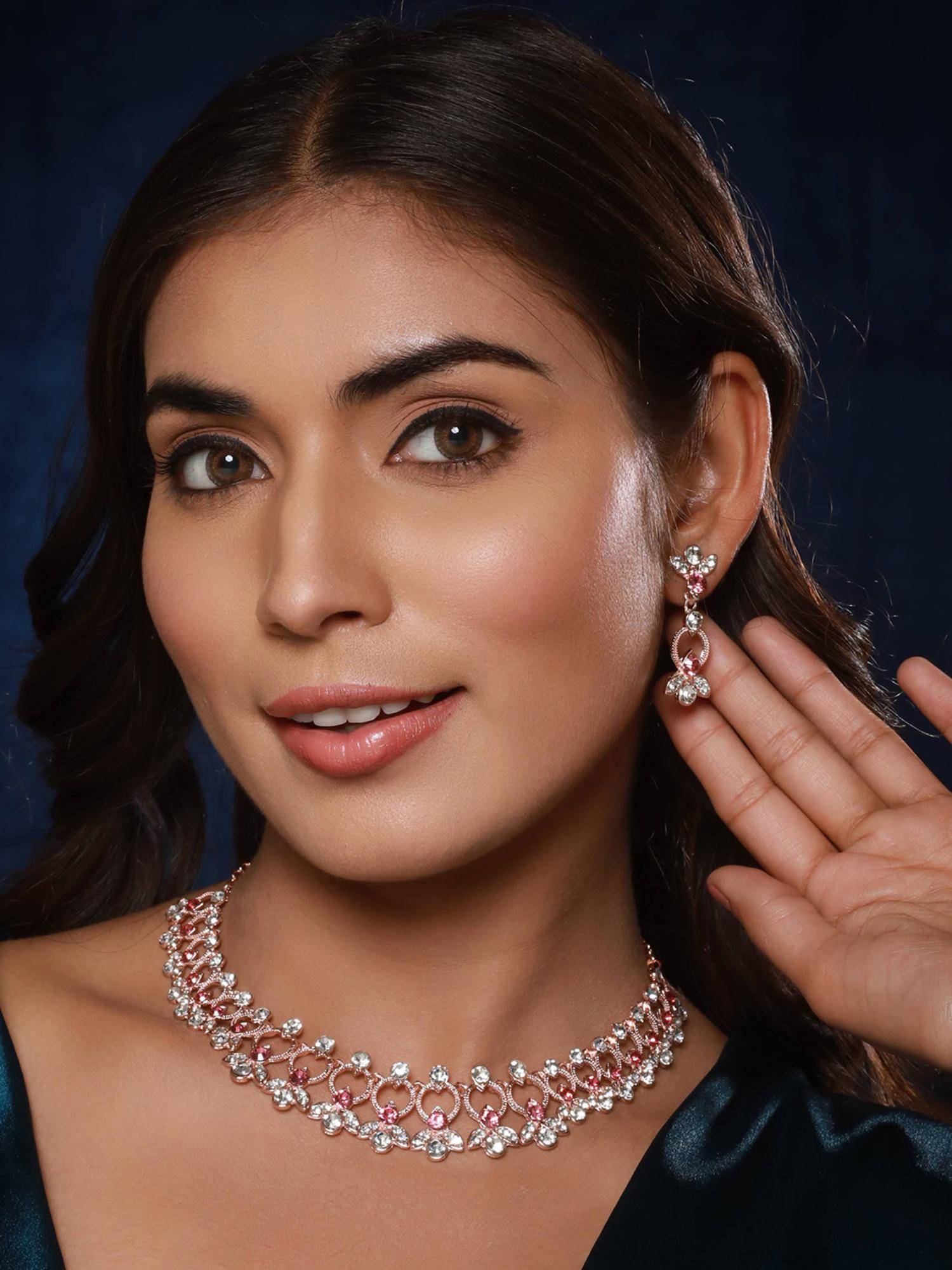 Gahan Rose Gold-Plated Red & White Cz-Studded Jewellery Set