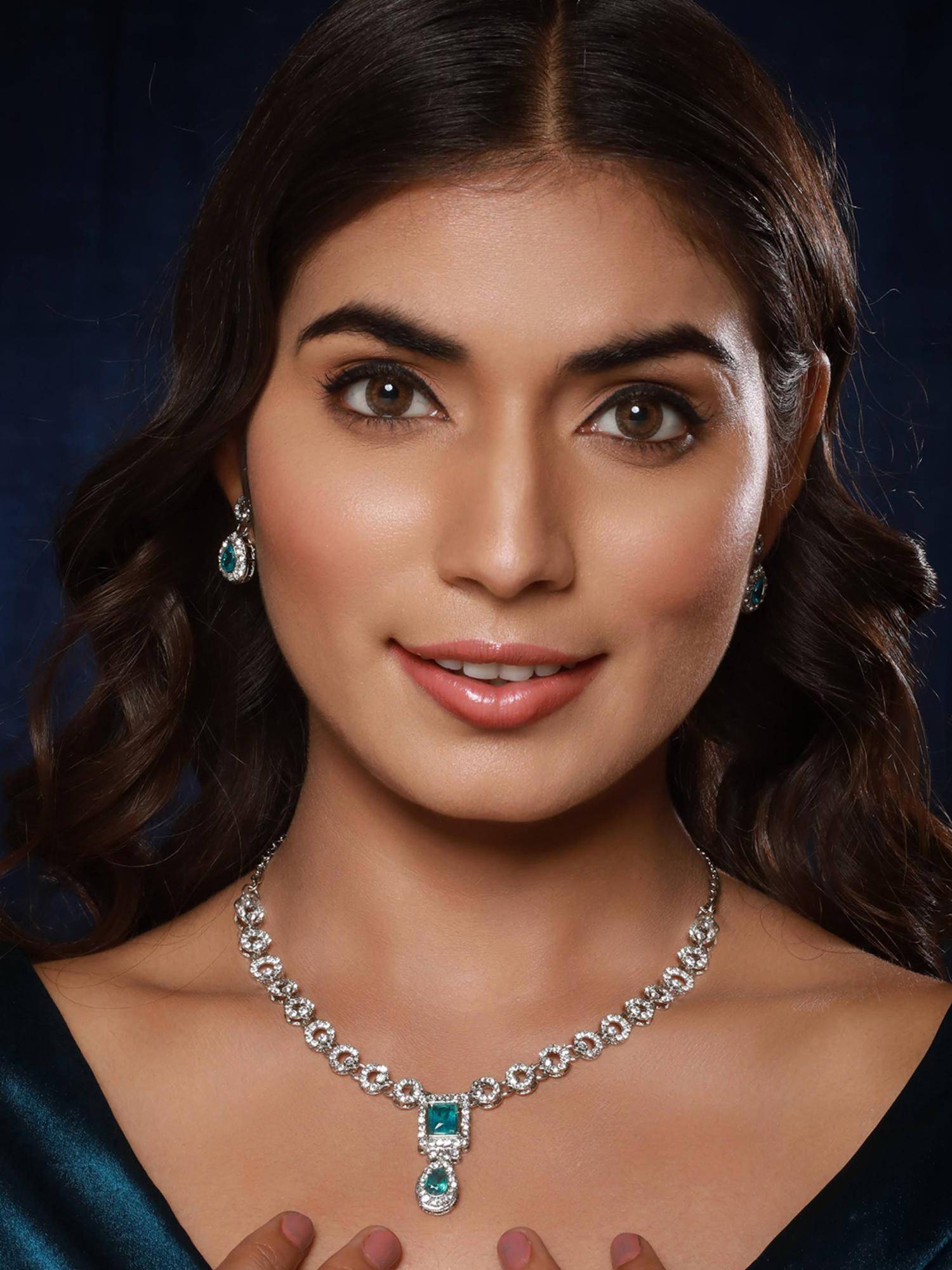 Gahan Rhodium-Plated Green Stone & Cz Studded Jewellery Set
