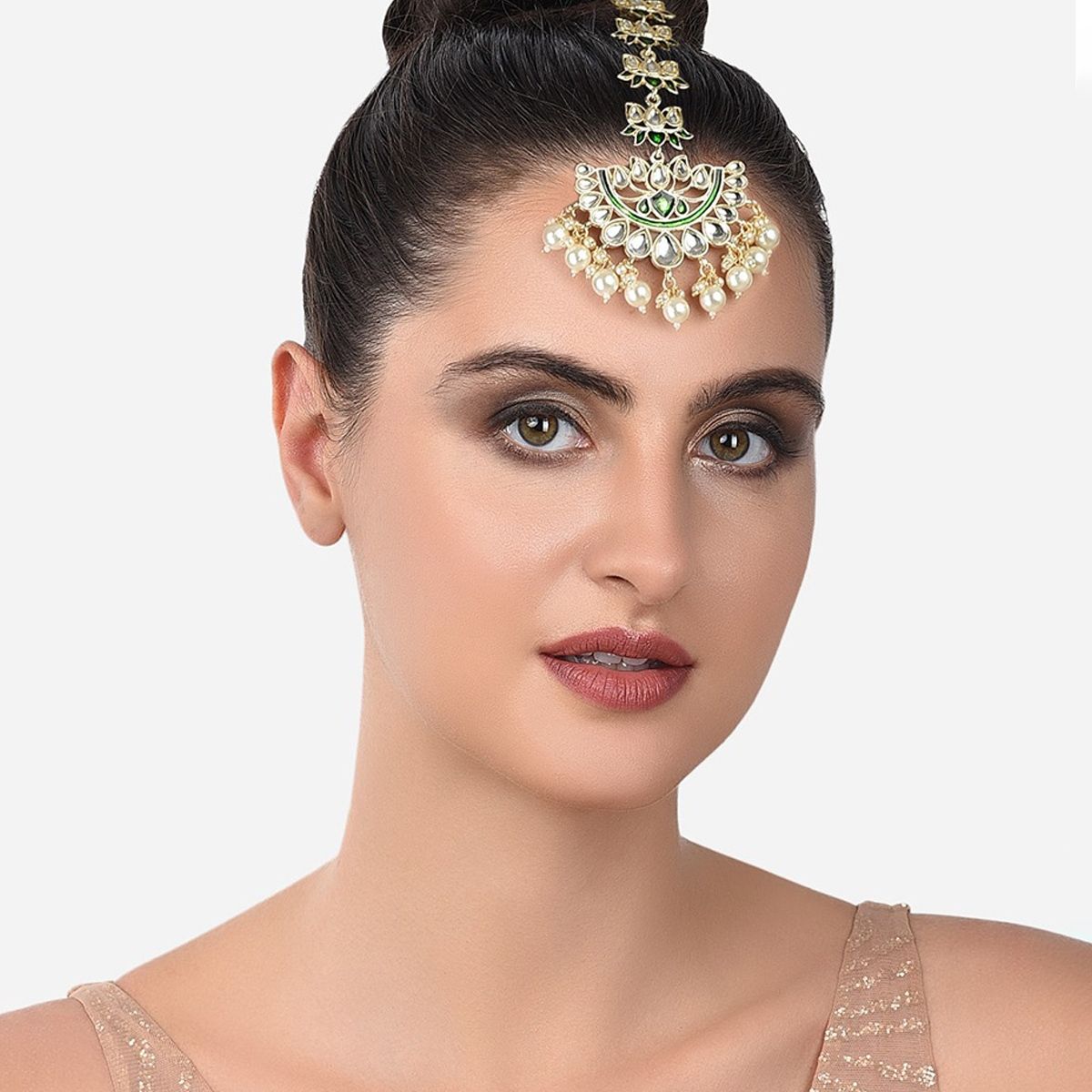 Zaveri Pearls Set of 3 Green Meenakari Kundan & Pearls Bridal MaangtikkaZPFK14539 Buy Zaveri