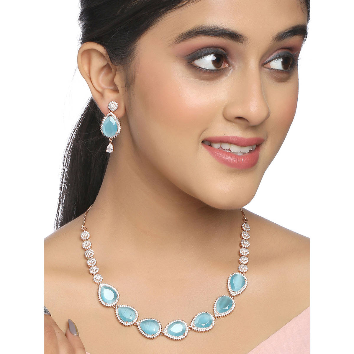 VIRAASI Rose Gold Plated American Diamond CZ Blue Necklace with Earrings (Set of 2)