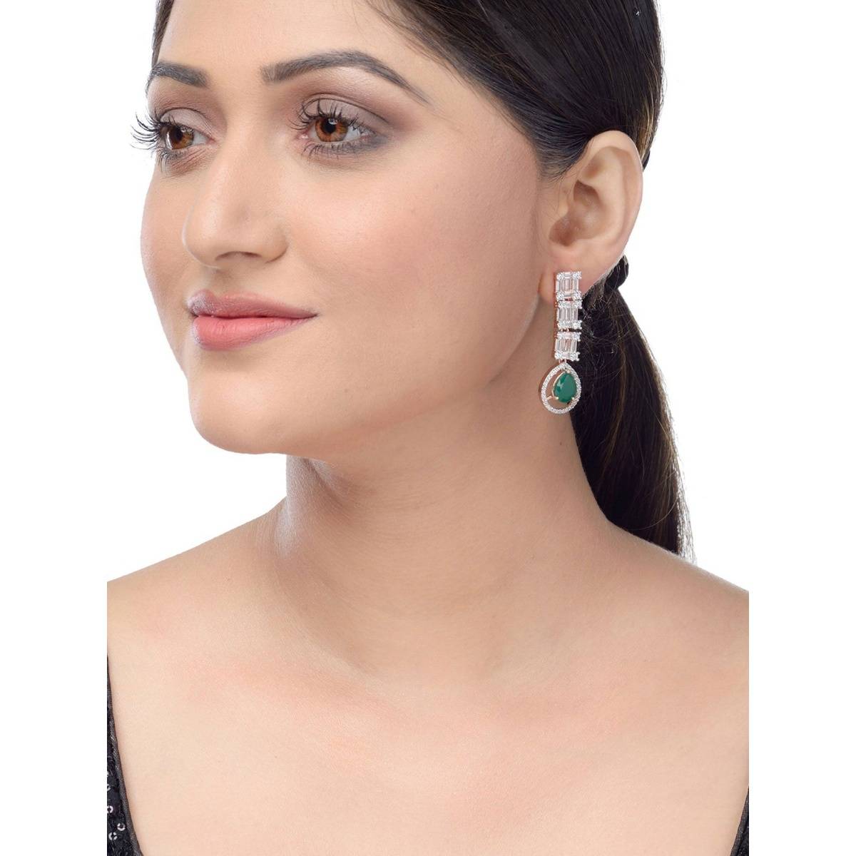 Saraf RS Jewellery Emerald American Diamond Partywear White And Red Brass Earrings