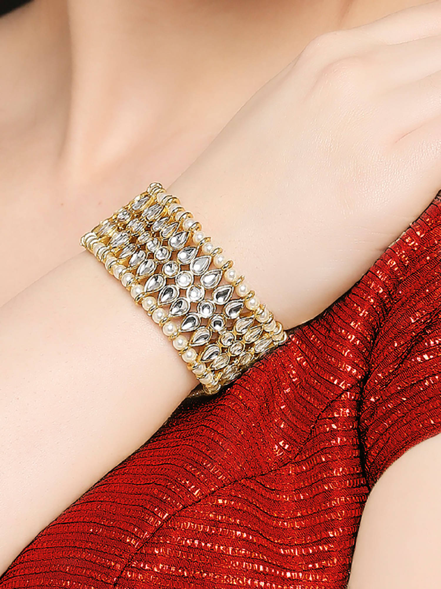 OOMPH Gold Tone Kundan & Pearls Broad Ethnic Bracelet for Women & Girls