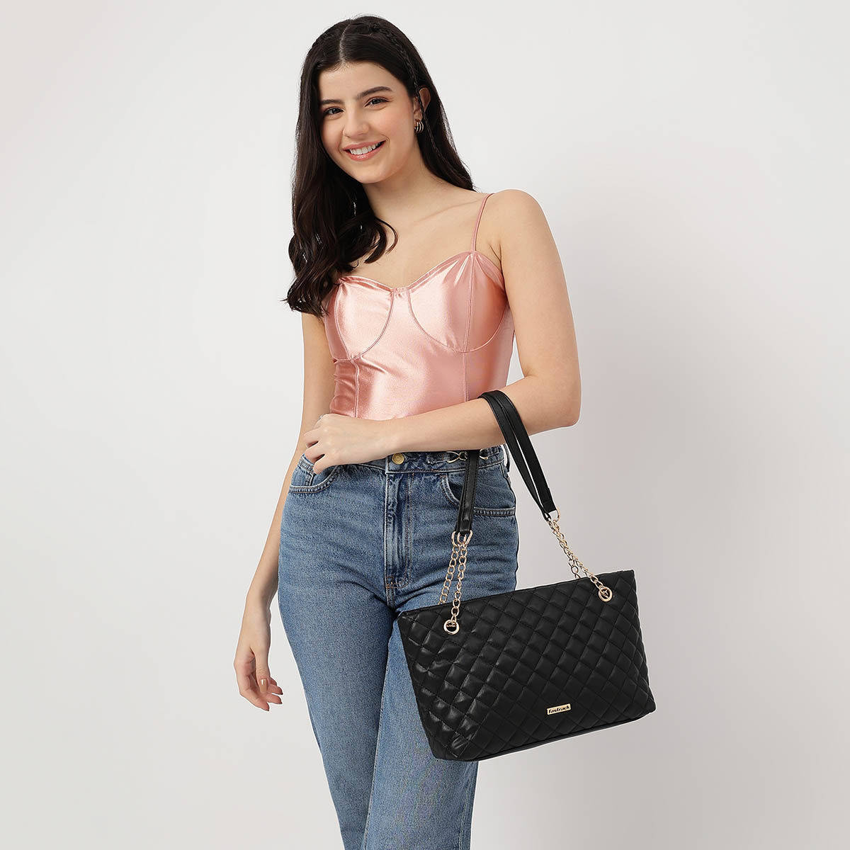 Black Pu Structured Quilted Tote Bag with Chain Shoulder Straps