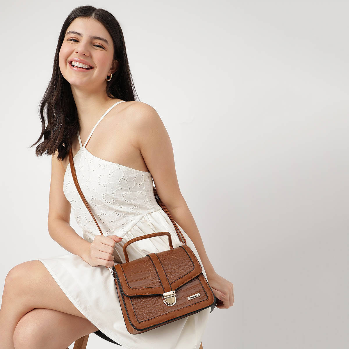 Brown PU Structured Sling Bag For Women With Croc Textured Faux Leather Construct