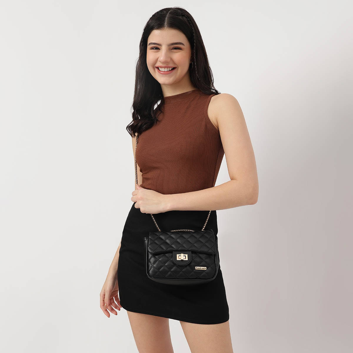 Black PU Structured Quilted Sling Bag For Women