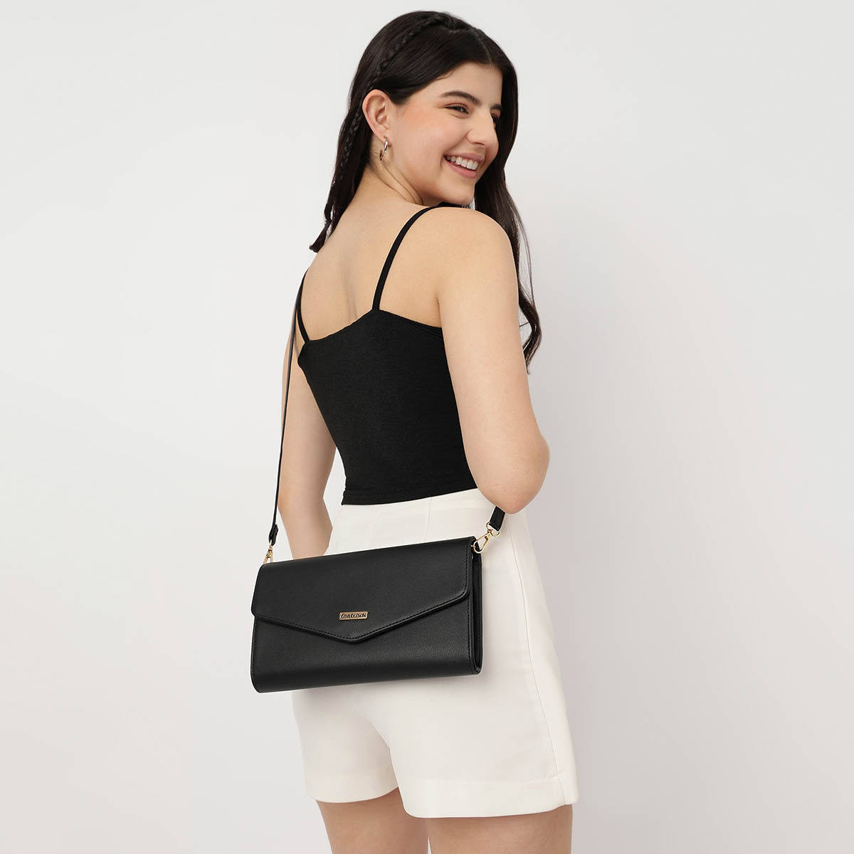 Black Solid Sling Bag With Adjustable Sling Straps