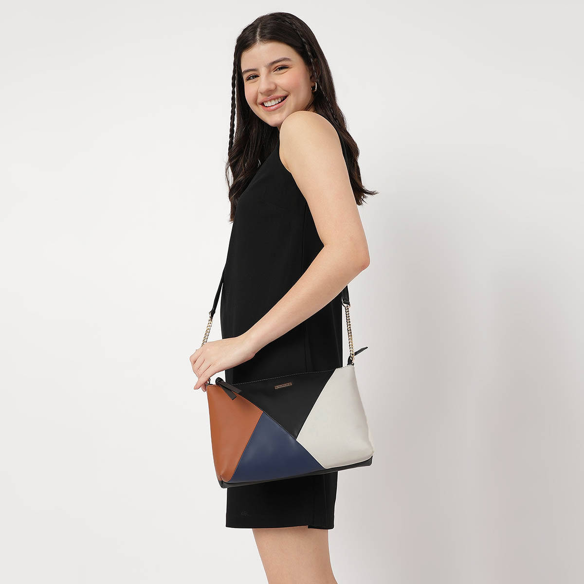 Colour Blocked Structured Sling Bag For Women With Semi Chain Sling Bag Strap