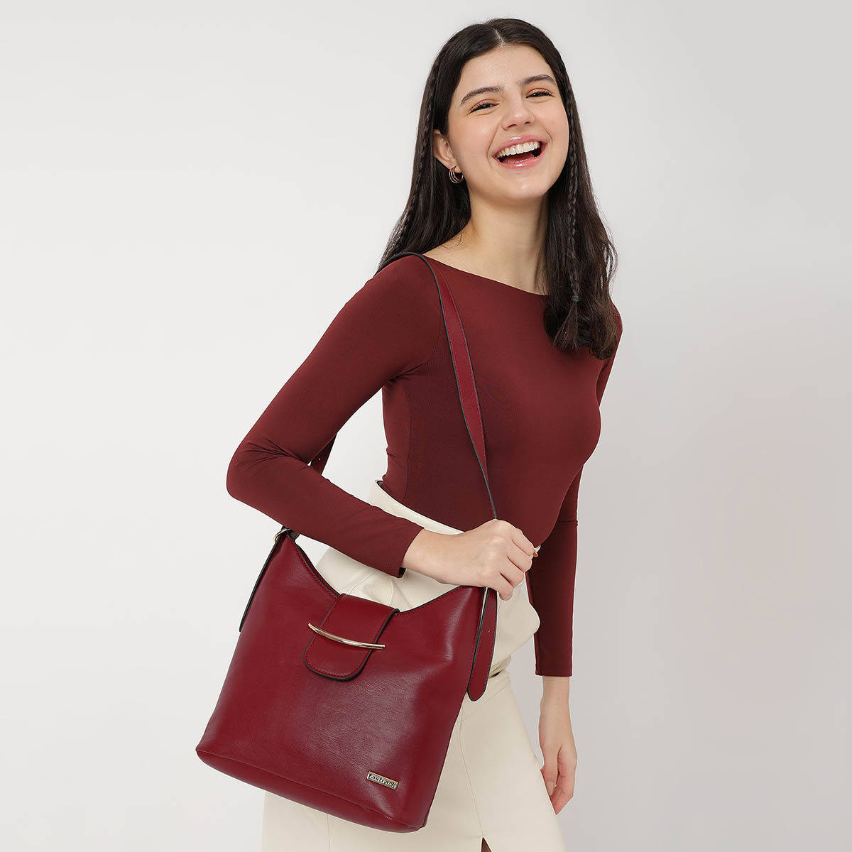 Maroon Solid Hobo Bag For Women With Adjustable Sling Straps