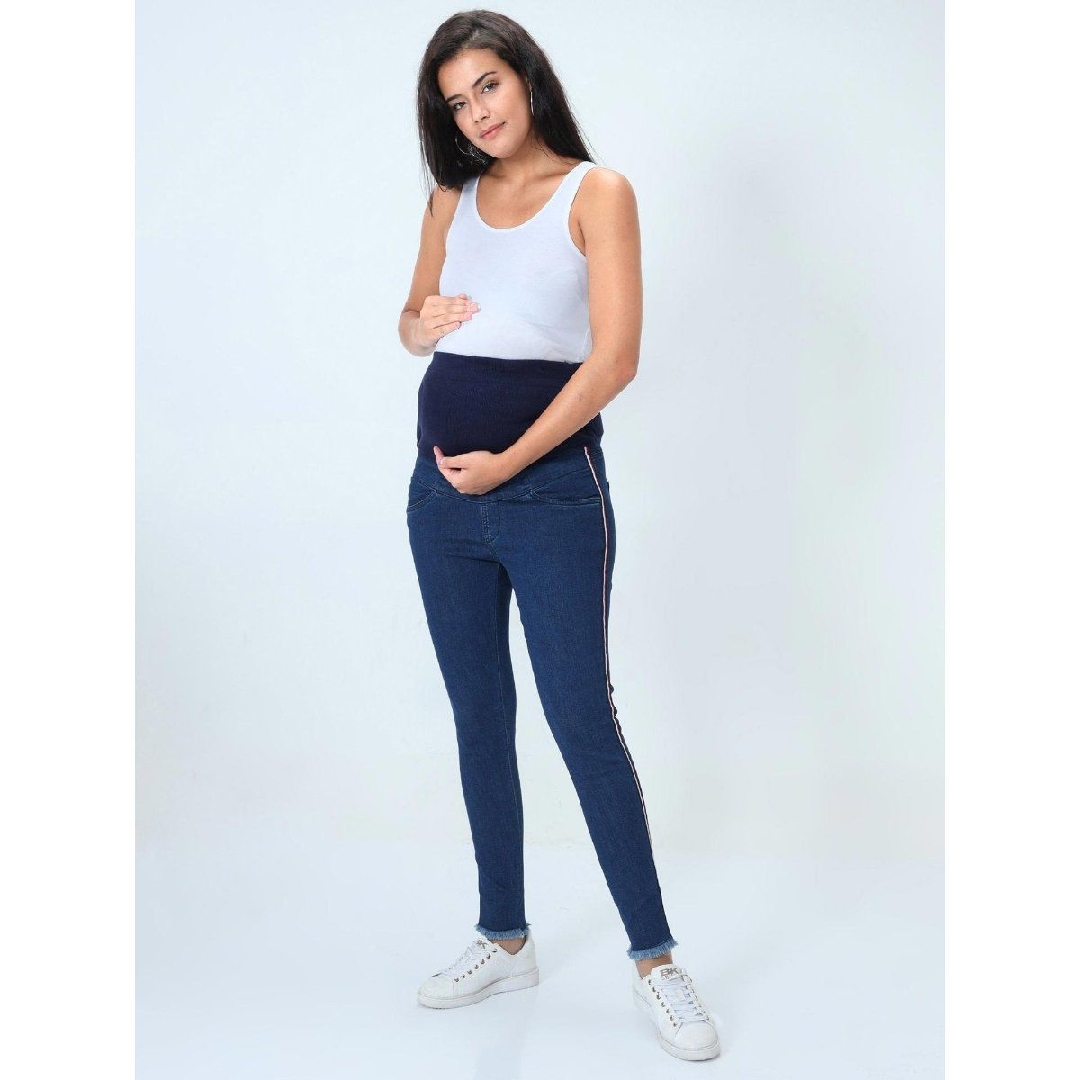 The Mom Store Distress Taped Maternity Denims With Belly Supportblue
