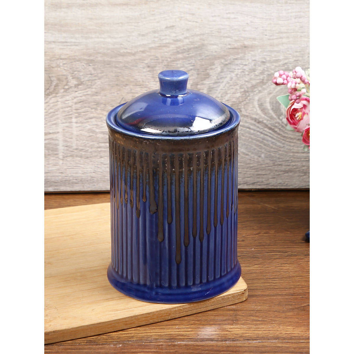 AAPNO RAJASTHAN Cylindrical Handcrafted Ceramic Storage Jar Blue