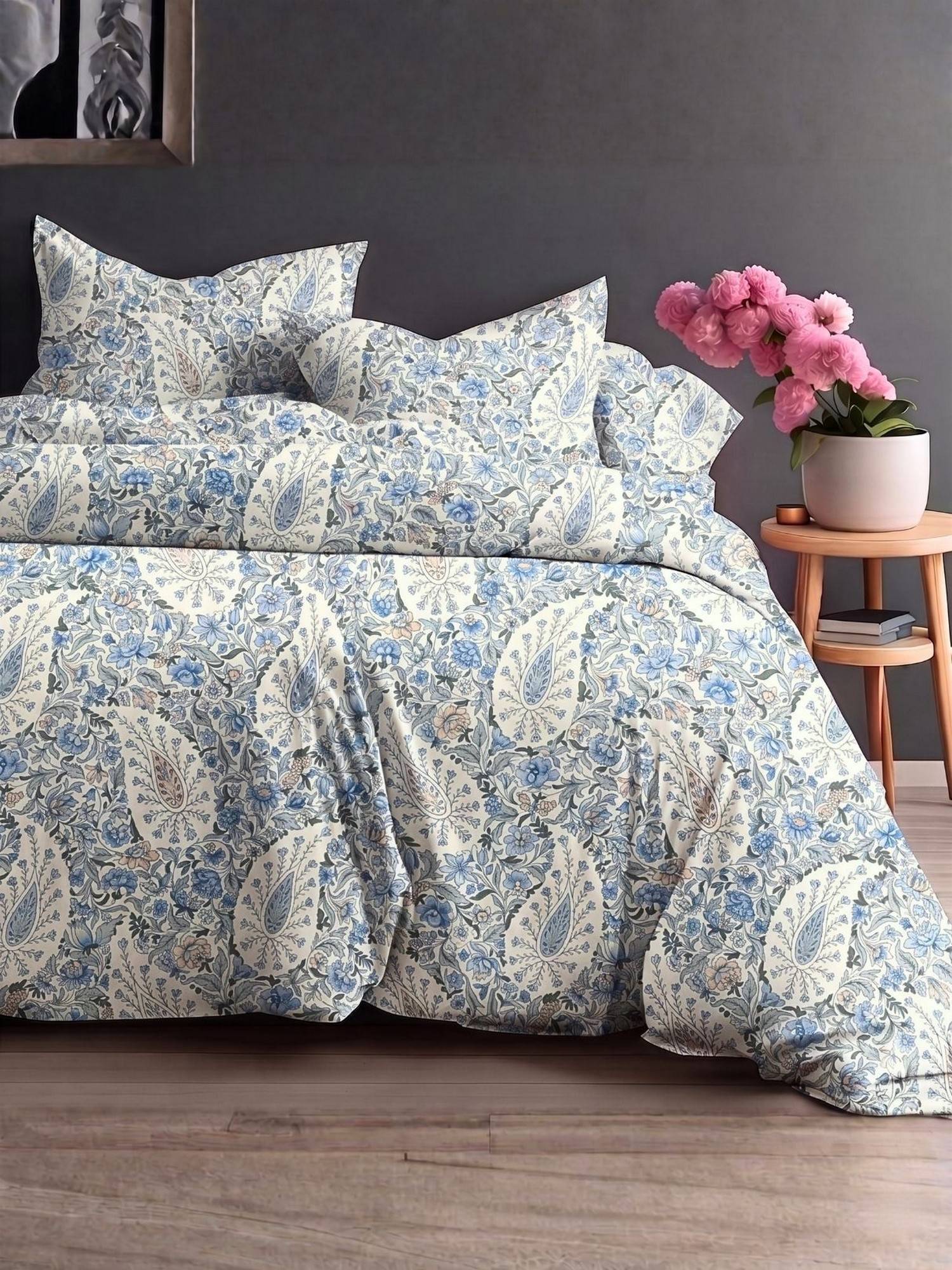 the White Moss Blue Pure Cotton 220Tc Bedsheet With 2 Pillow Covers (Queen)