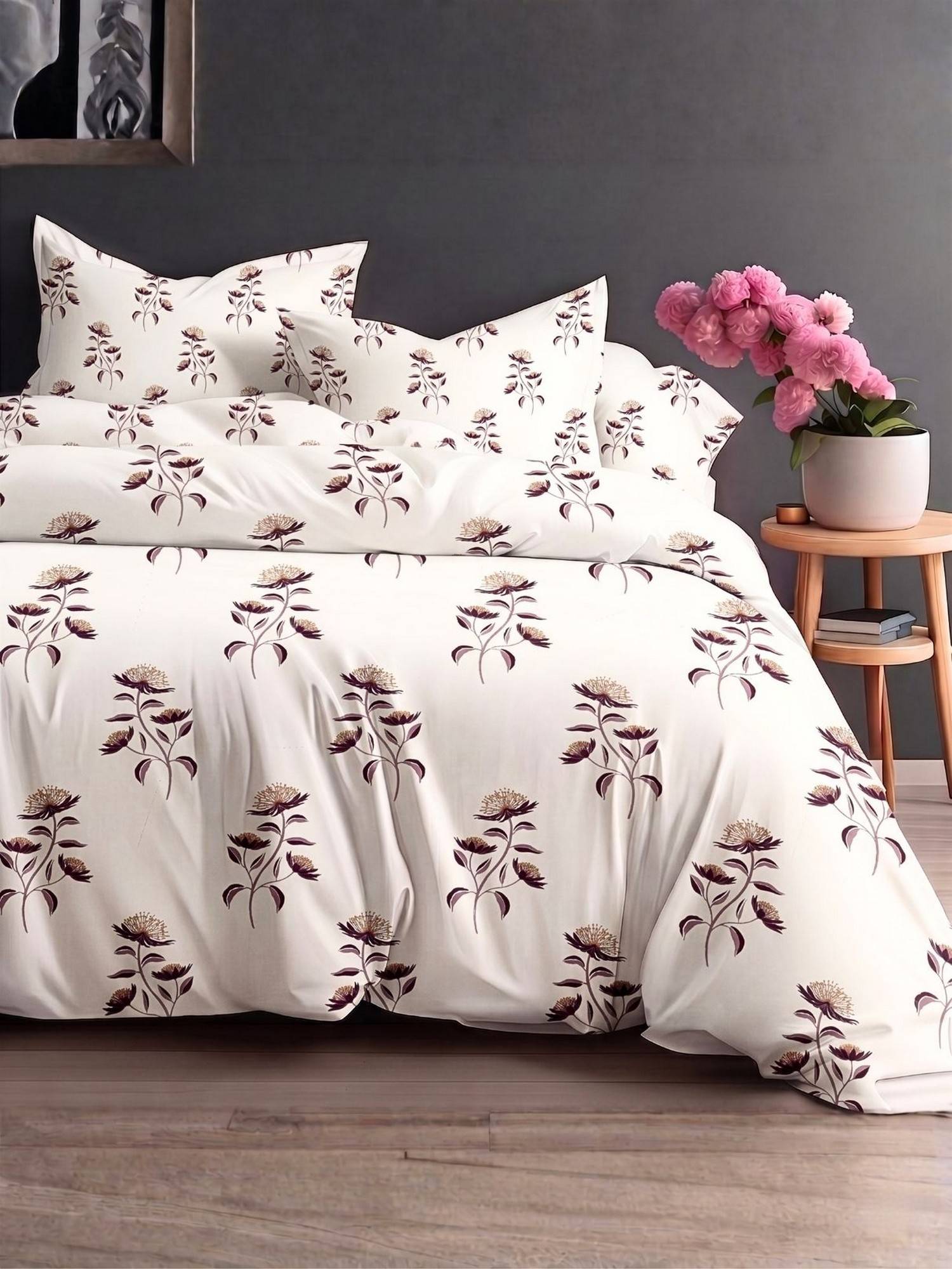 the White Moss Plum Pure Cotton 220Tc Bedsheet With 2 Pillow Covers (Queen)