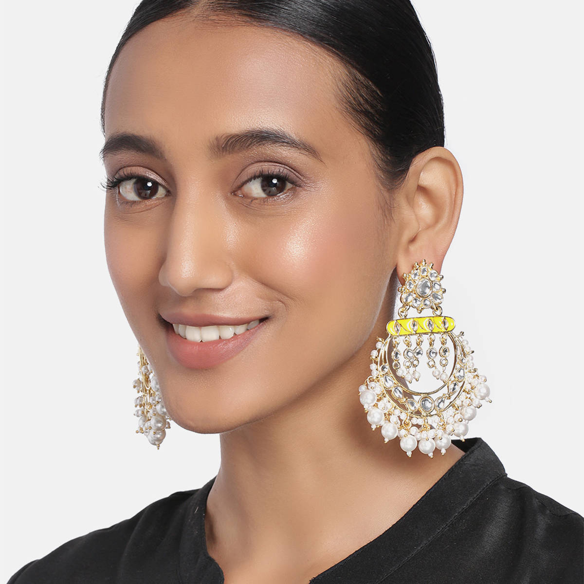 Peora Gold Plated Kundan Pearl Meenakari Chandbali Dangle Earrings Jewellery (PF09E065Y)