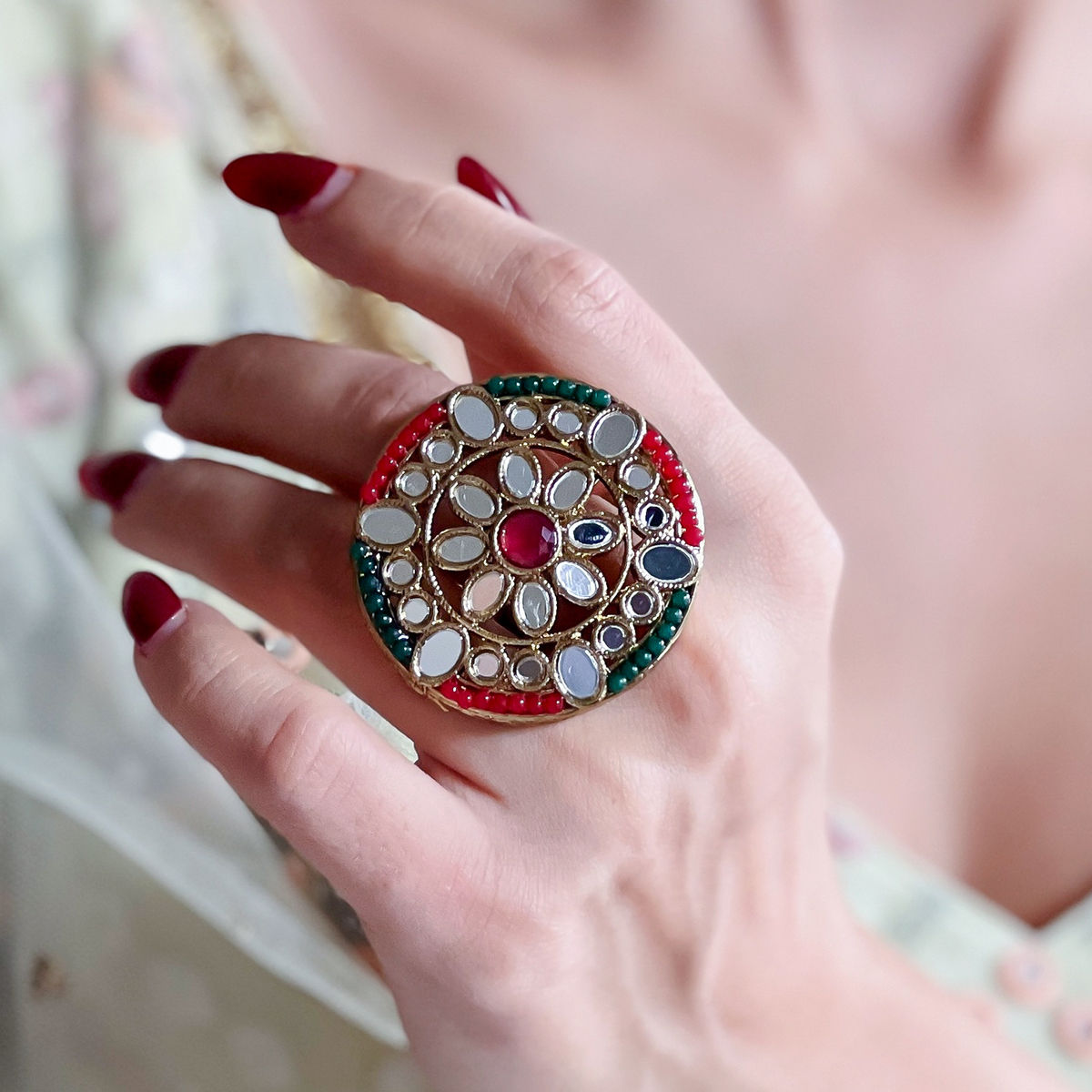 Buy Azai by Nykaa Fashion Ethnic Round Green & Red Mirror Work Ring Online