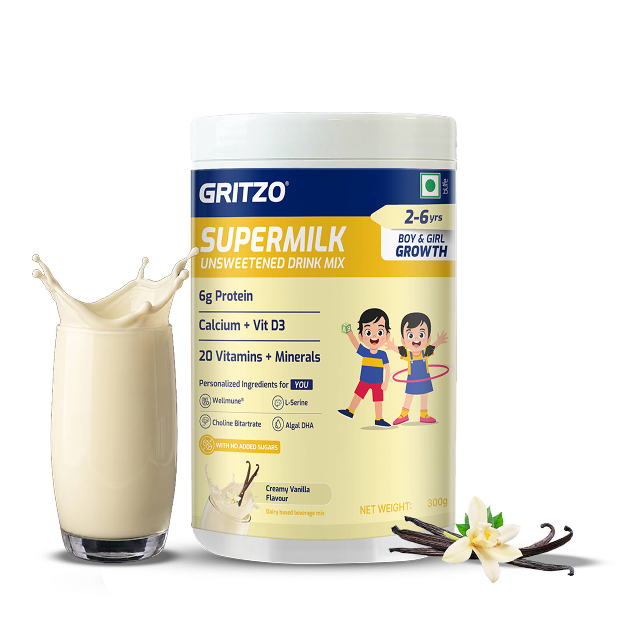 Gritzo SuperMilk Growth (2-6y Boy & Girl) Unsweetened Drink Mix - Creamy Vanilla