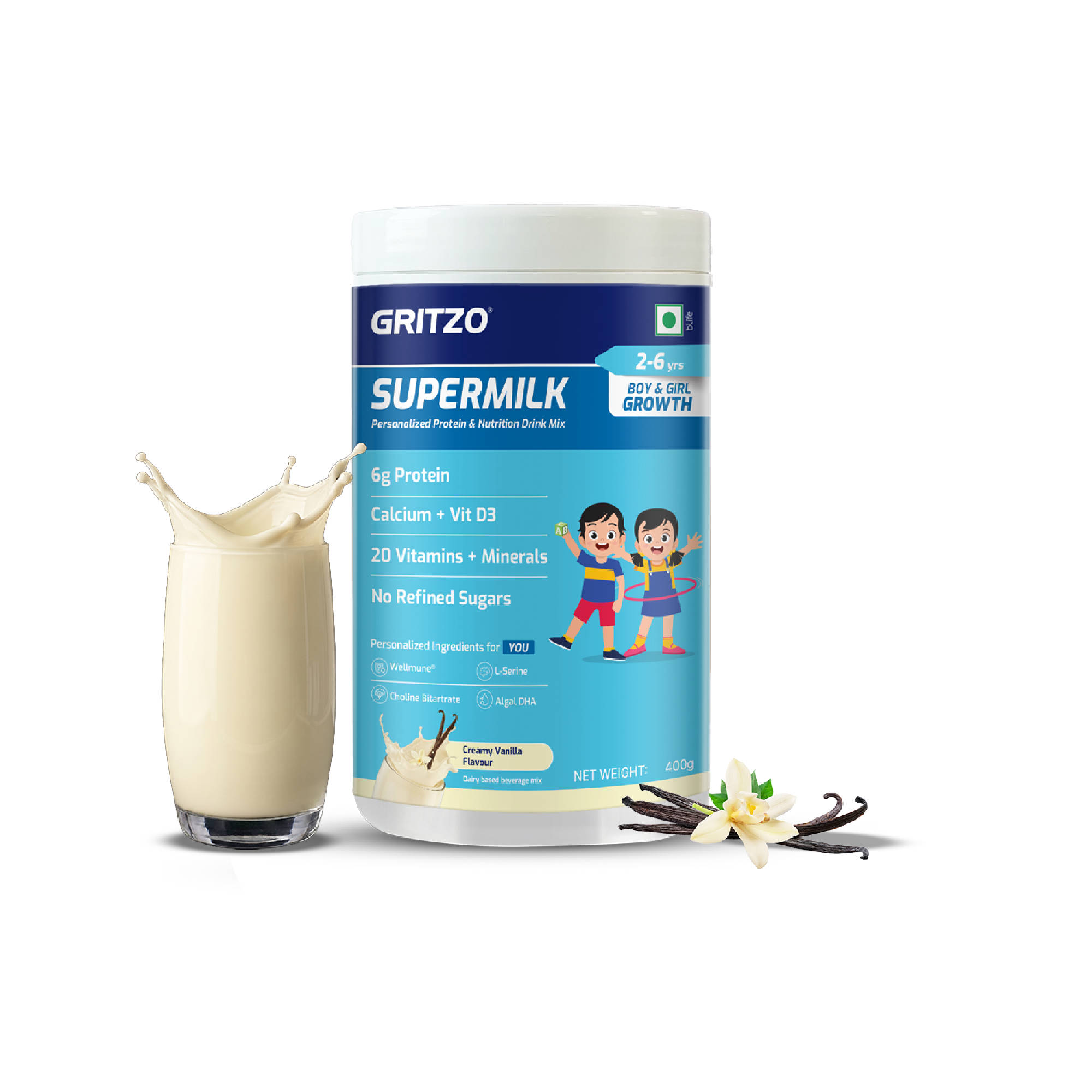 Gritzo SuperMilk Growth (2-6y Boy & Girl), 6g Protein Powder (Creamy Vanilla, )