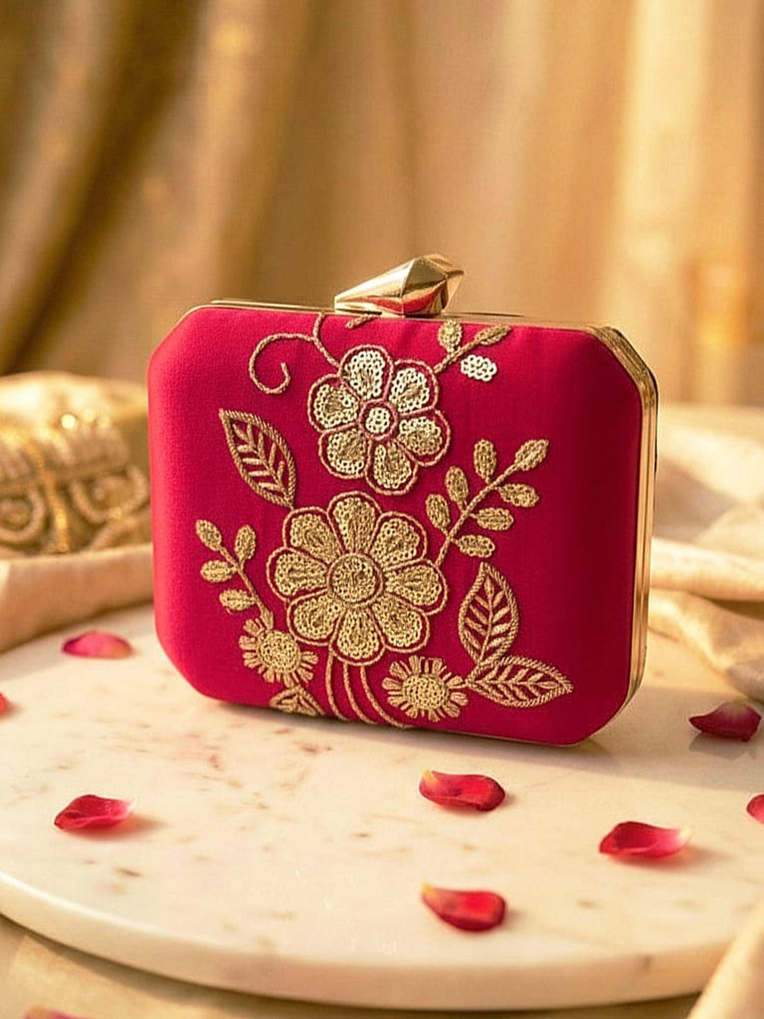 ARTKLIM Elegant Gold Thread Floral Embroidered Clutch with Detachable Strap