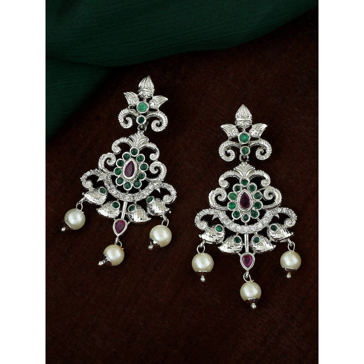 Estele Rhodium Plated CZ Swirling Symphony Earrings with Pearl and Crystals for Women