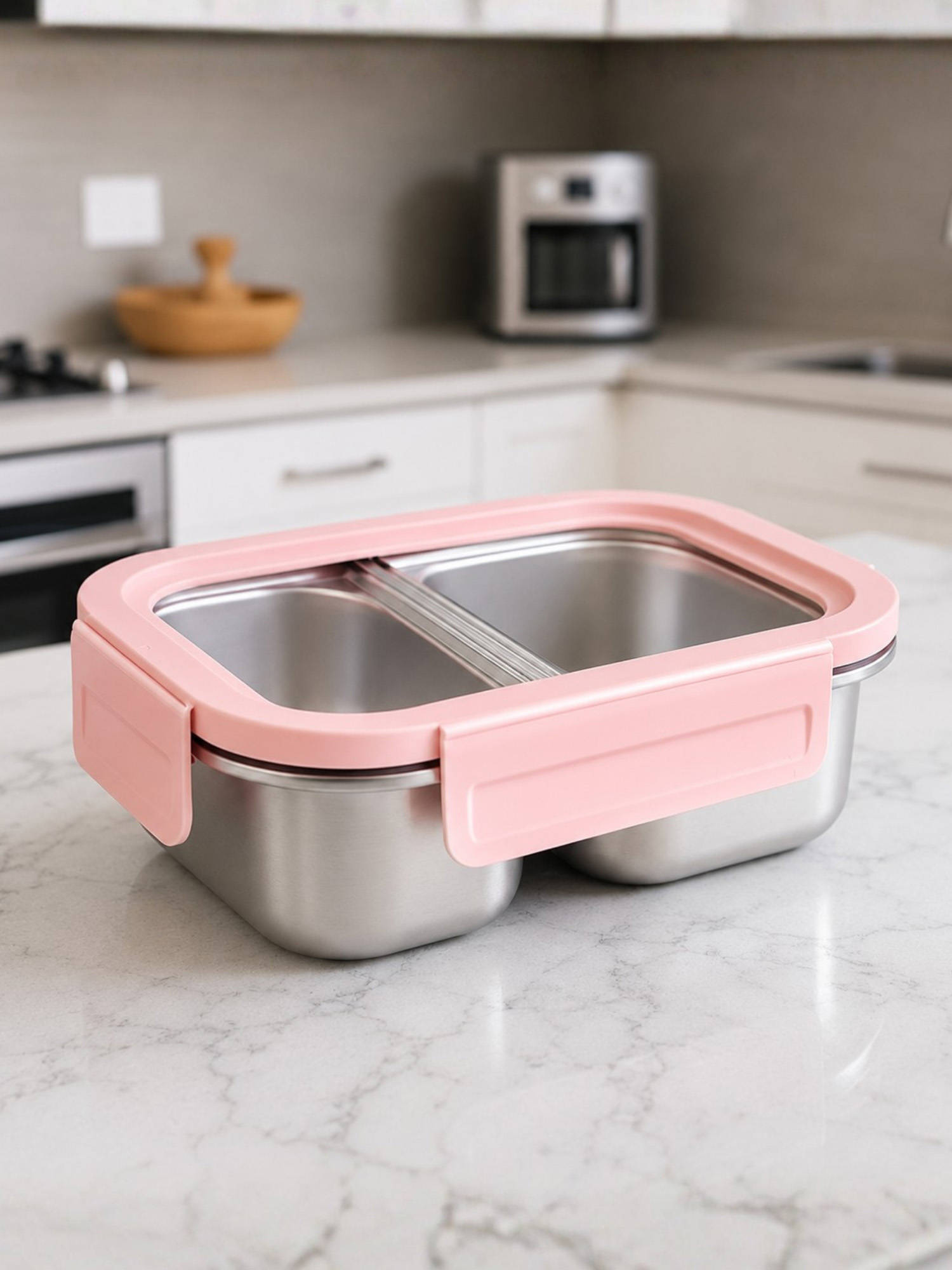 YELONA 600Ml 316L Steel Lunch Box, Leakproof 2-Compartment Bento Tiffin, Pink