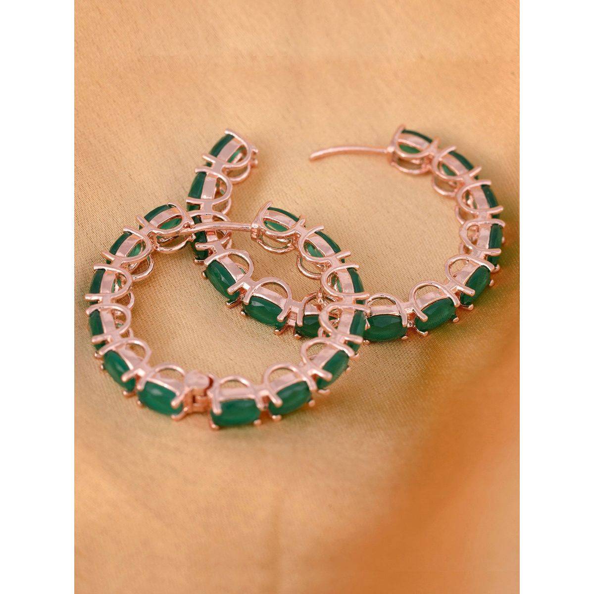 Saraf RS Jewellery Emerald Green Stylish Stone Studded Hoops Rose Gold Plated Round Bali Earrings (Onesize)