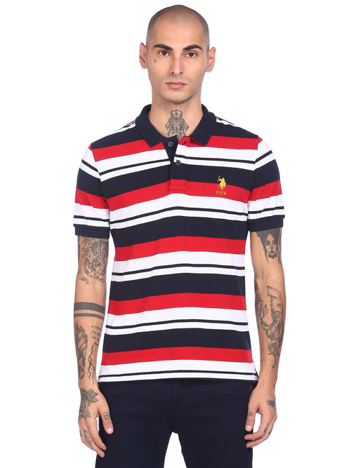 POLO Men Red And White Short Sleeve Striped Polo T-shirt